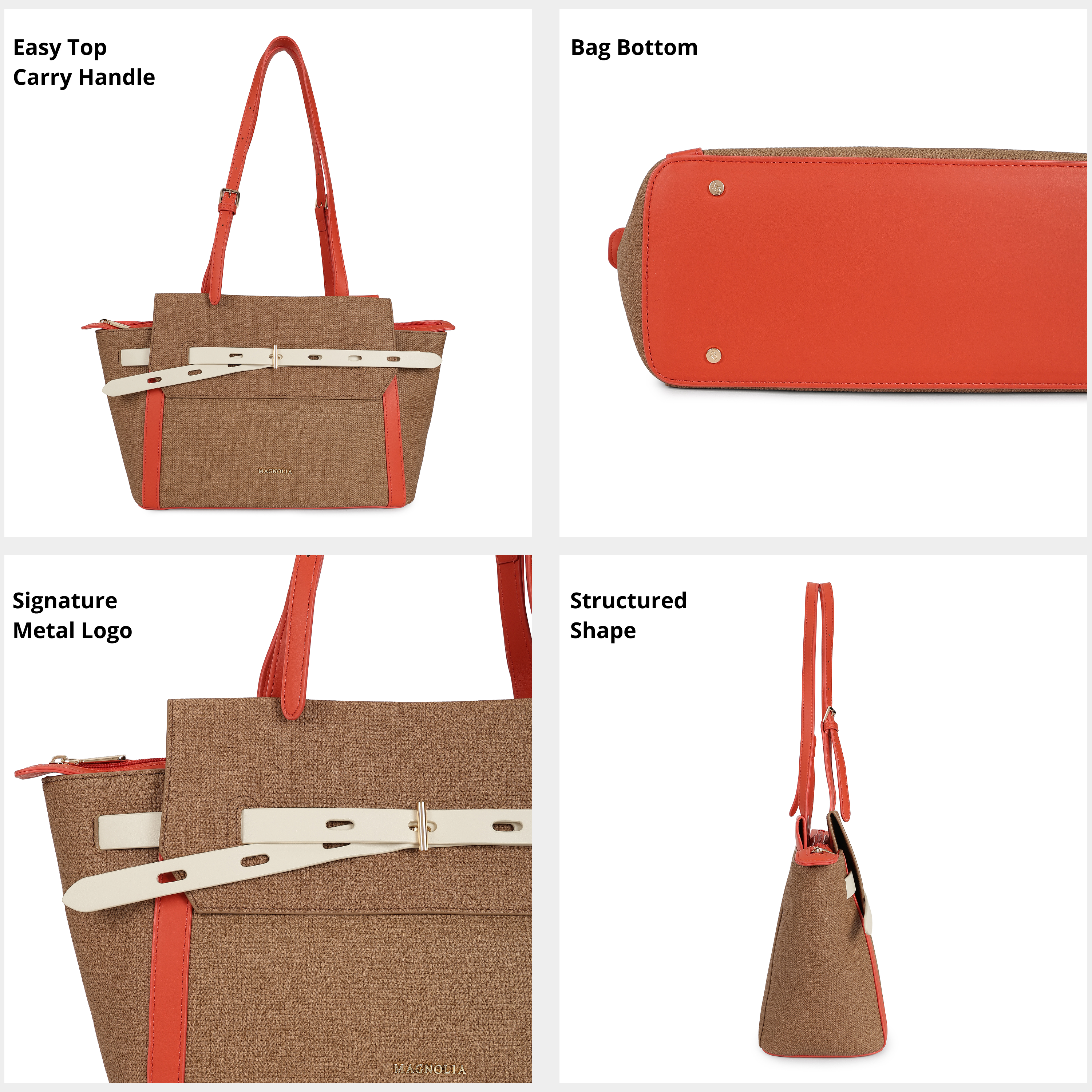 Magnolia PU Leather Women Brown Tote Bag