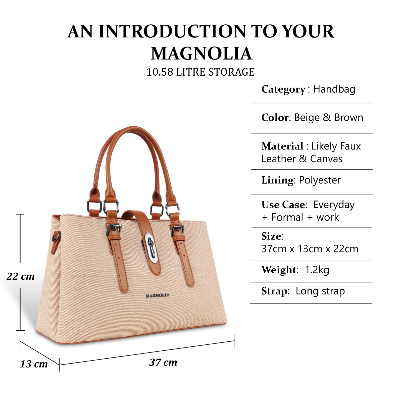 Magnolia Beige & Tan Handbag | Vegan Leather | 10.58L Storage