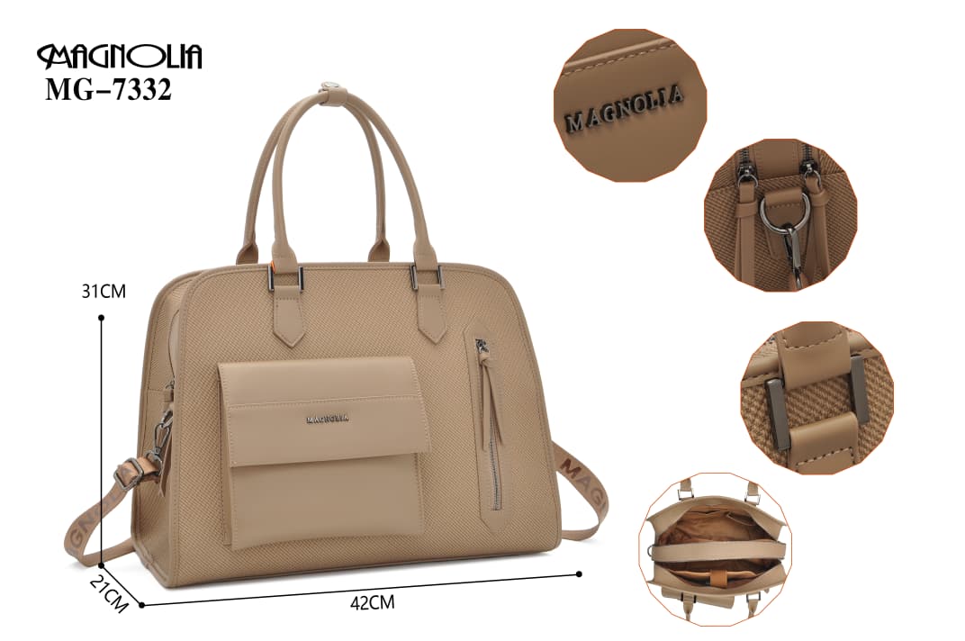 Magnolia MG-7332 Women’s Handbag | Spacious Beige Faux Leather Office & Travel Tote with Front Pocket & Adjustable Strap