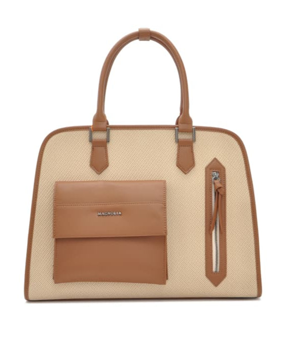Magnolia MG-7332 Women’s Handbag | Spacious Beige Faux Leather Office & Travel Tote with Front Pocket & Adjustable Strap