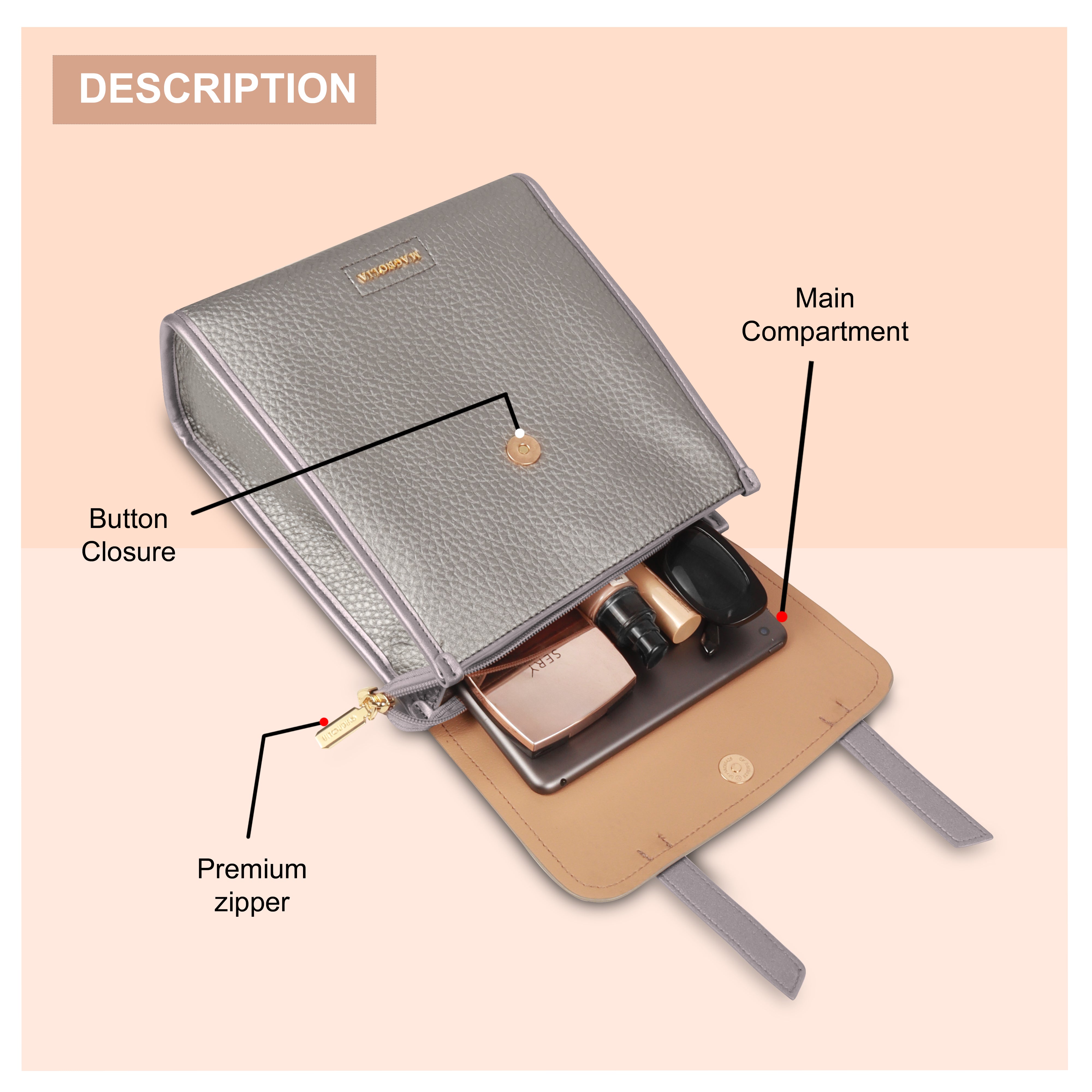 Magnolia Silver Vegan Leather Backpack for Women | 10.5L Stylish Casual Daypack with Long Strap