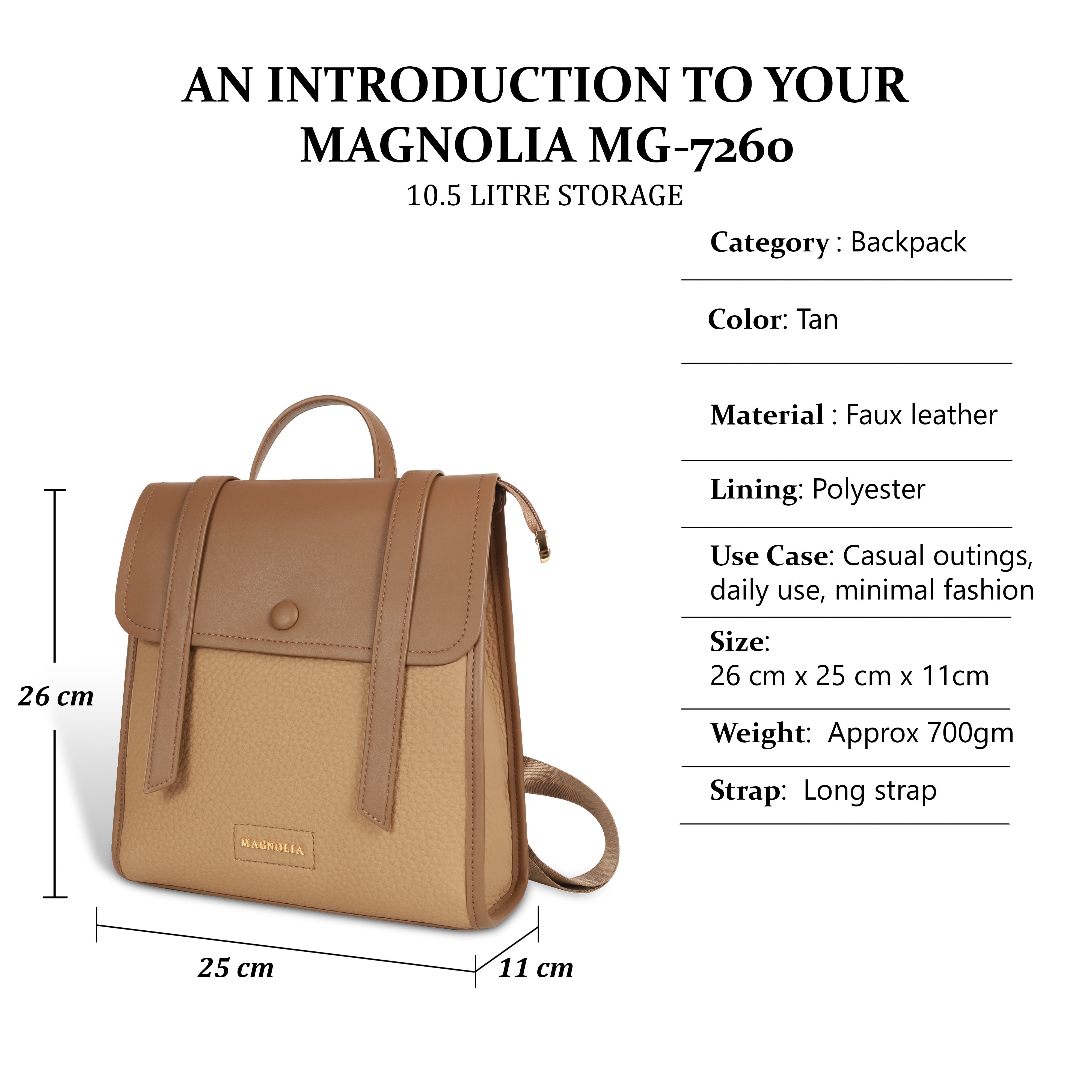 Magnolia Tan Vegan Leather Backpack for Women | 10.5L Stylish Casual Daypack with Long Strap
