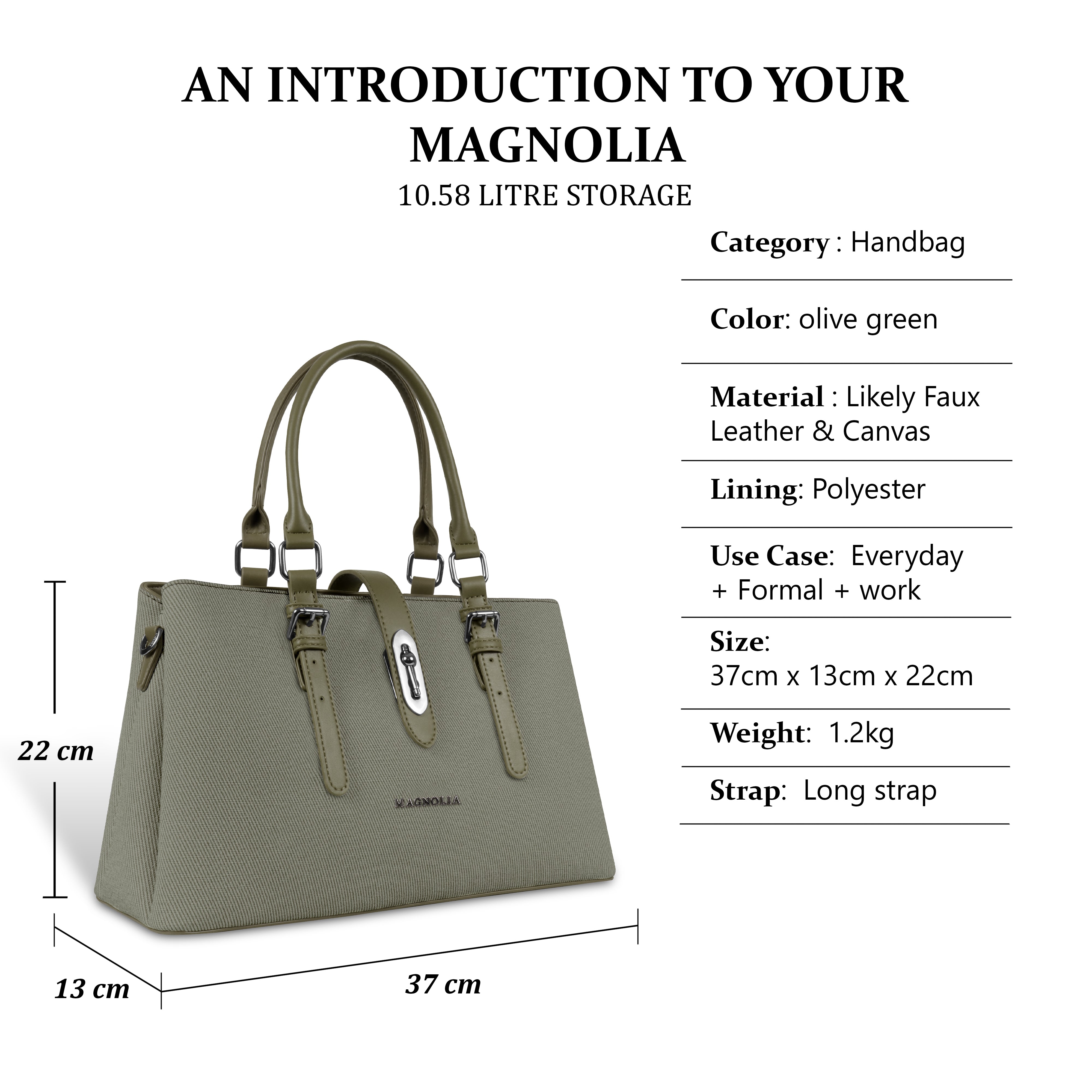 Magnolia Green Handbag | Vegan Leather | 10.58L Storage