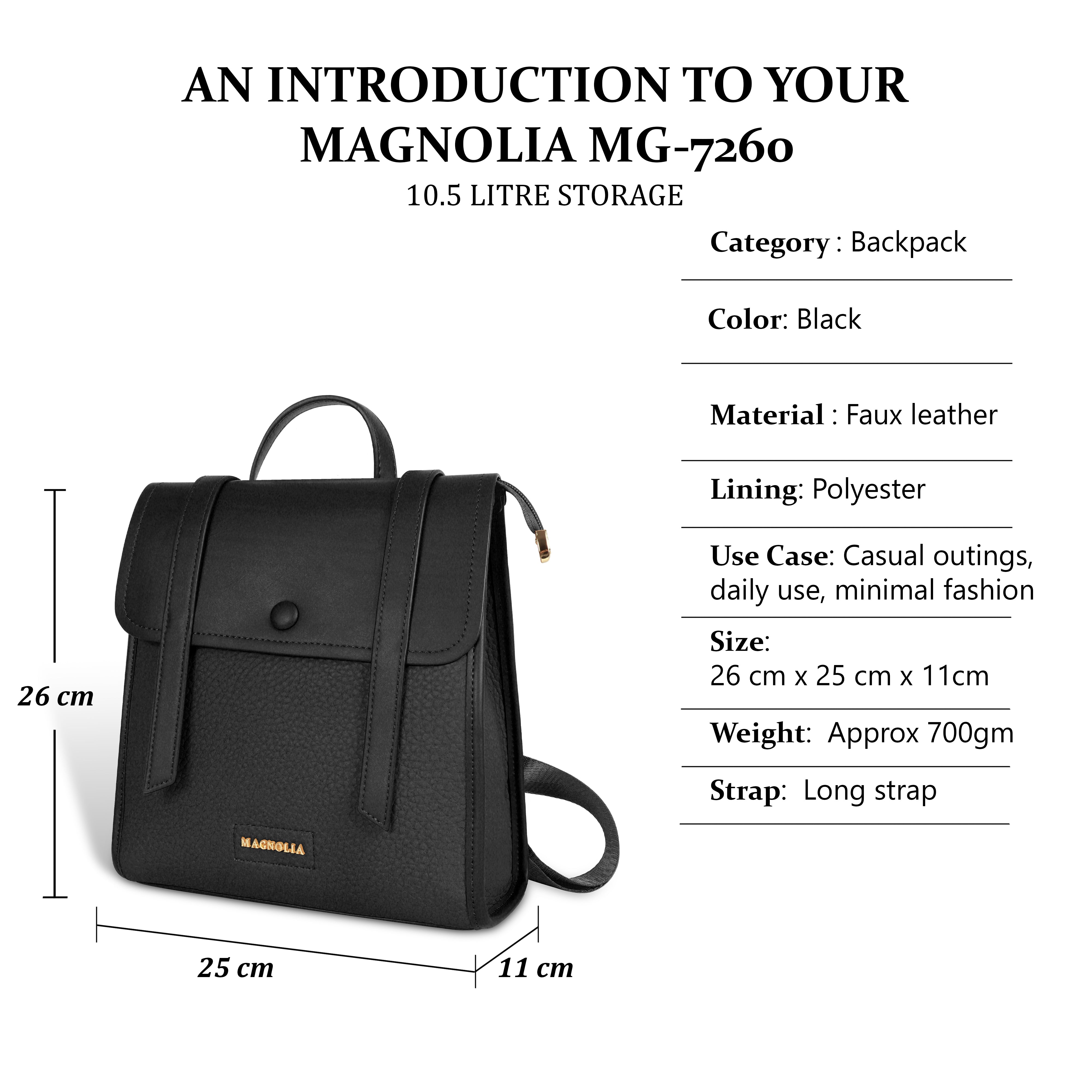 Magnolia Black Vegan Leather Backpack for Women | 10.5L Stylish Casual Daypack with Long Strap