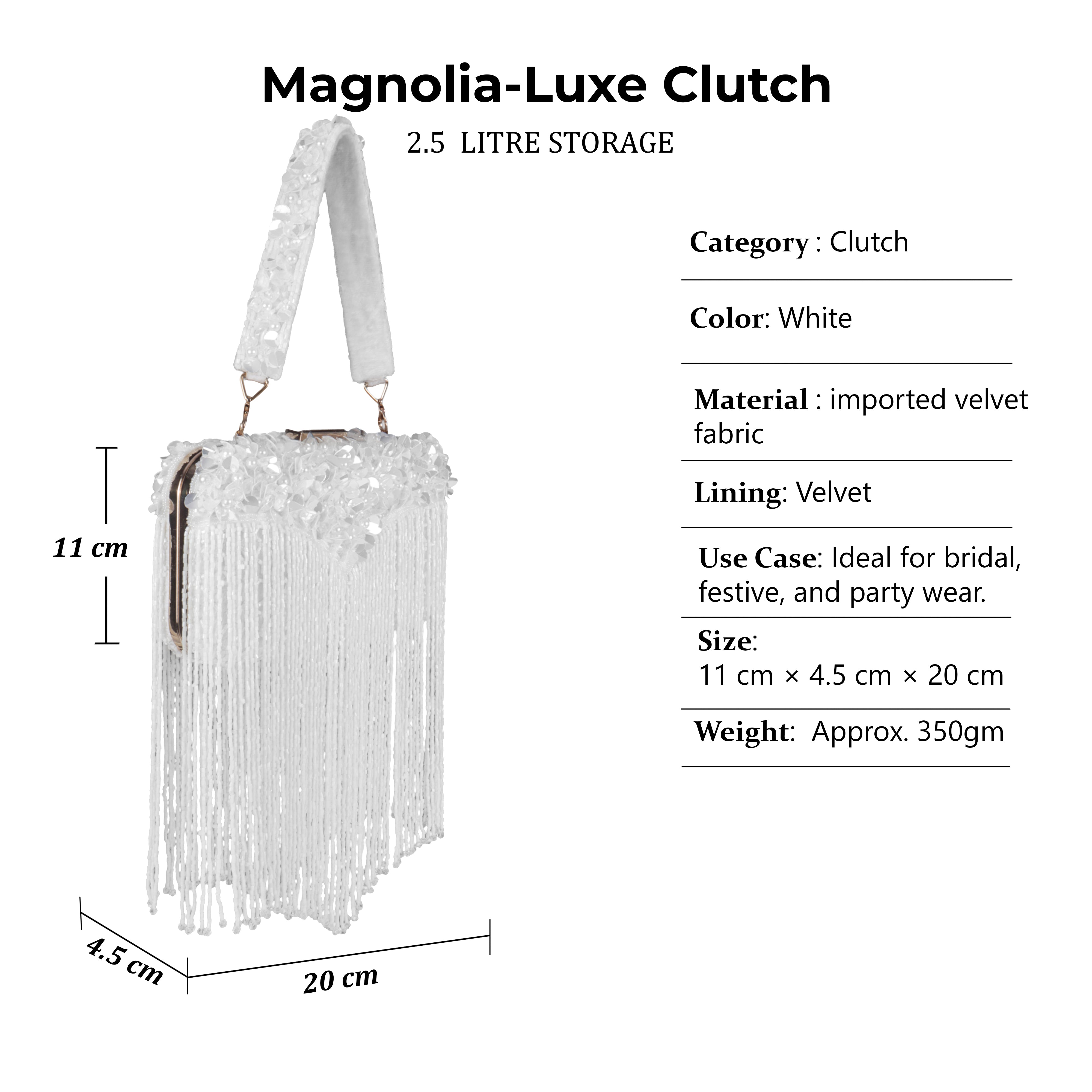 Magnolia-Luxe White Clutch with Embellished Fringe Detail