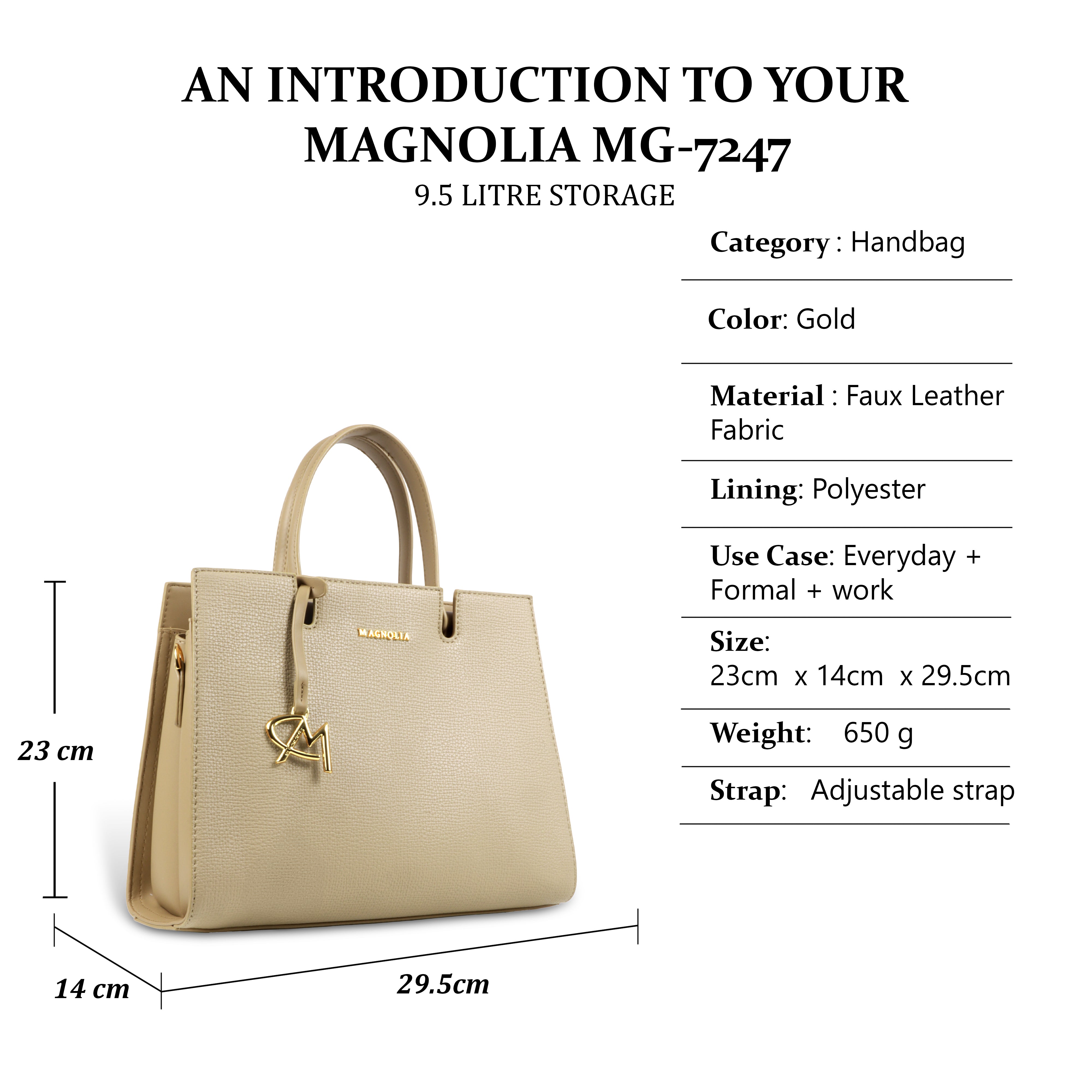 Magnolia Women’s Handbag – 9.5L Spacious Faux Leather Tote in Gold