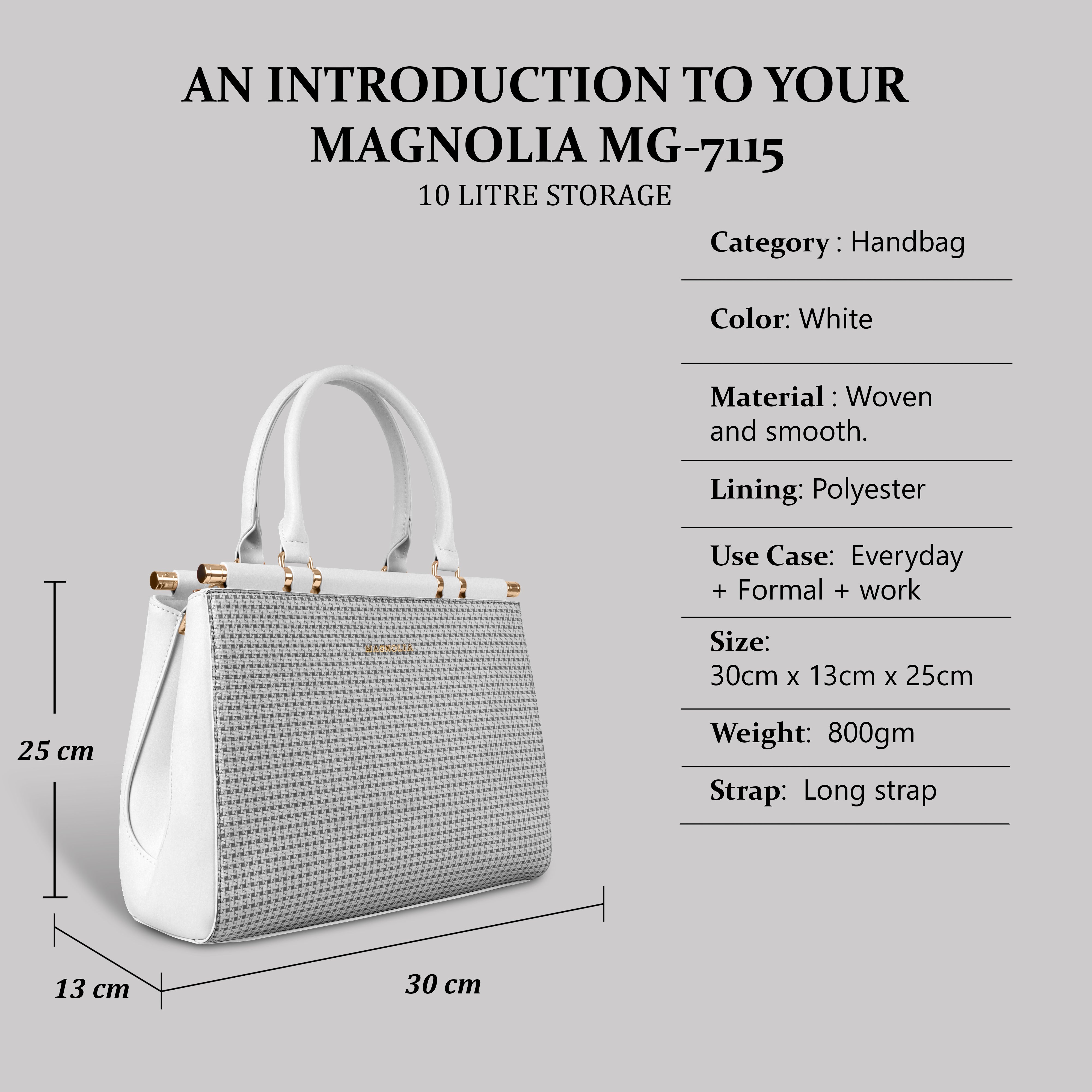 Magnolia Woven Texture Handbag | White | 10L Storage | Adjustable Strap | Spacious Interior