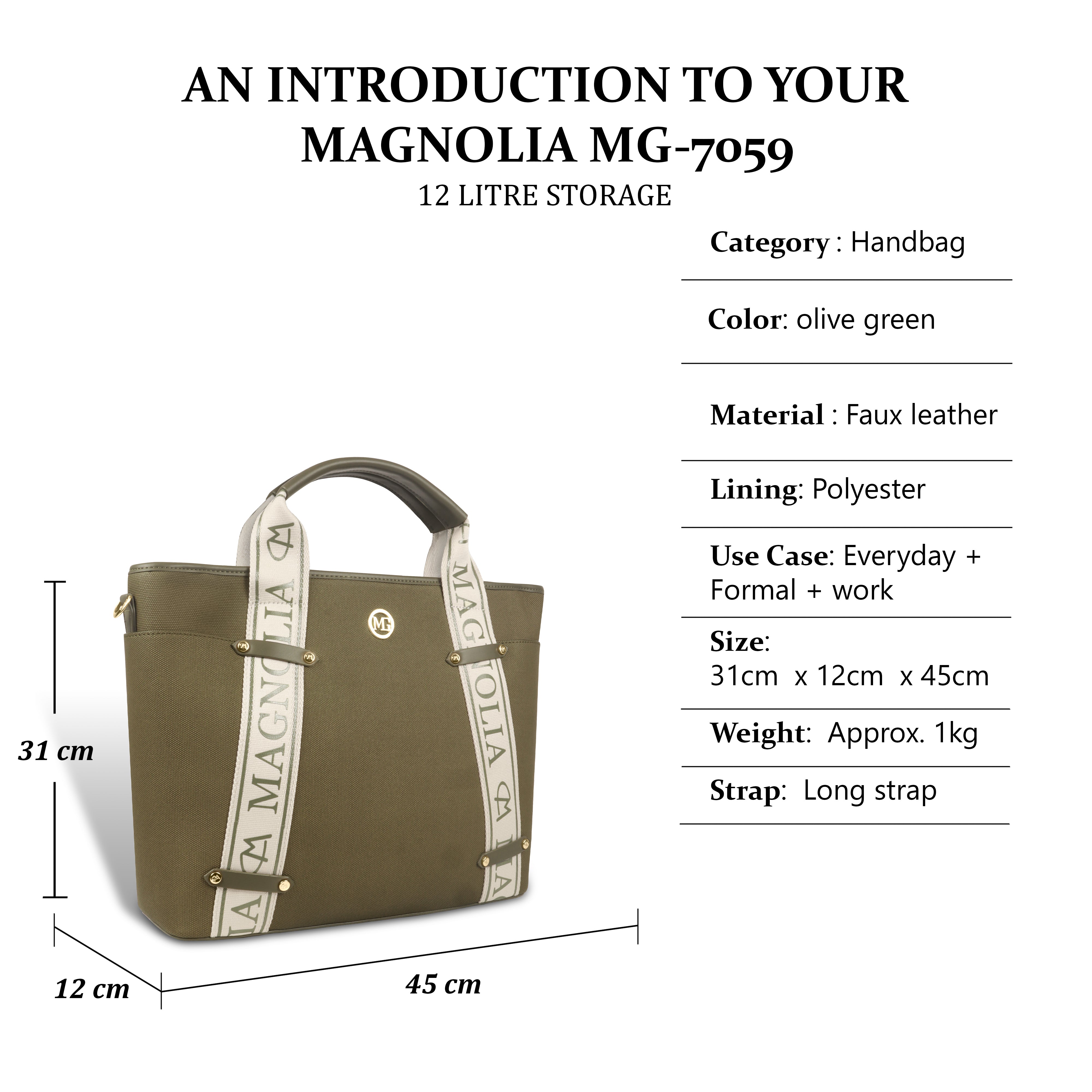 Magnolia® Vegan Leather Olive Green Handbag – 15L Spacious Tote for Everyday & Work Use