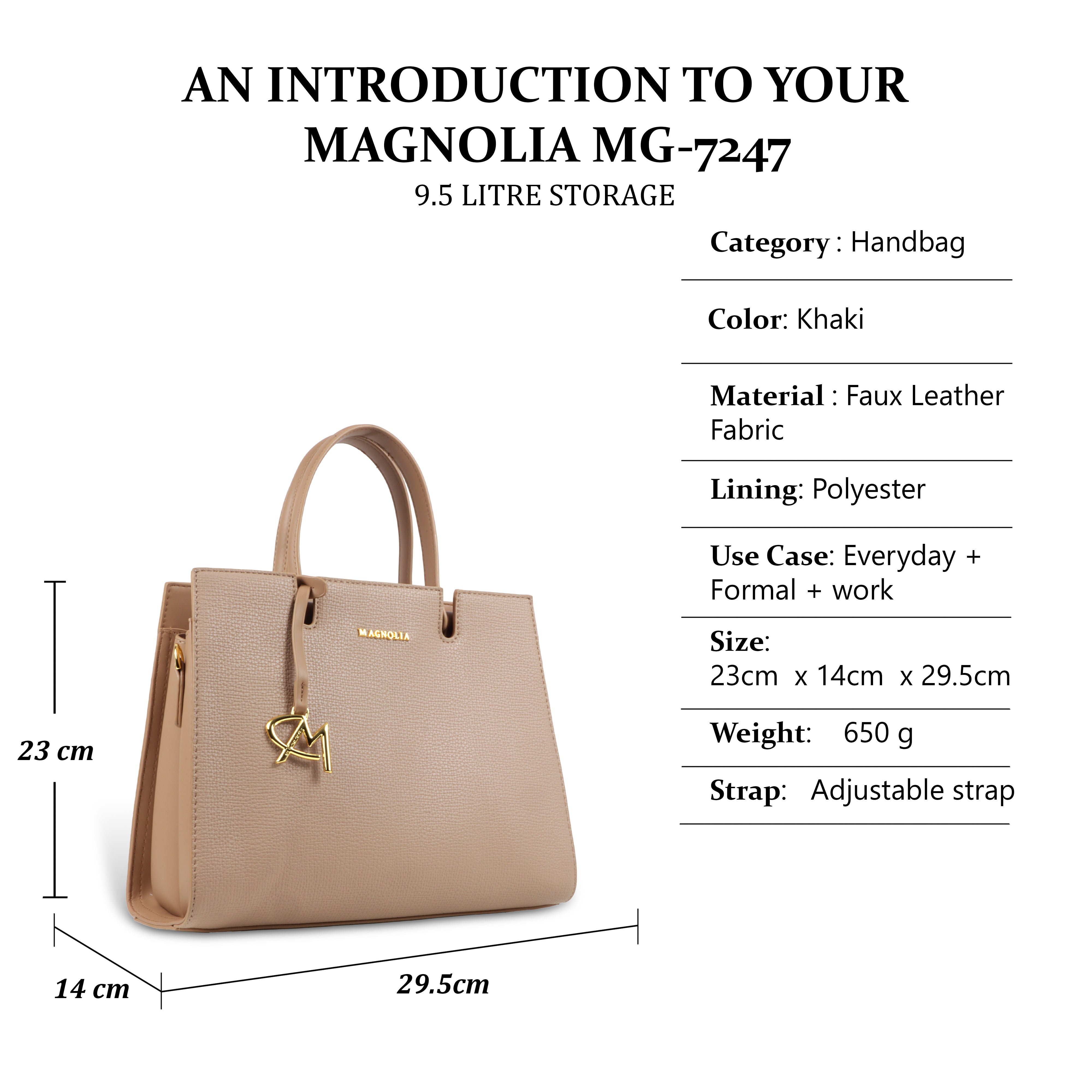 Magnolia Women’s Handbag – 9.5L Spacious Faux Leather Tote in Khaki