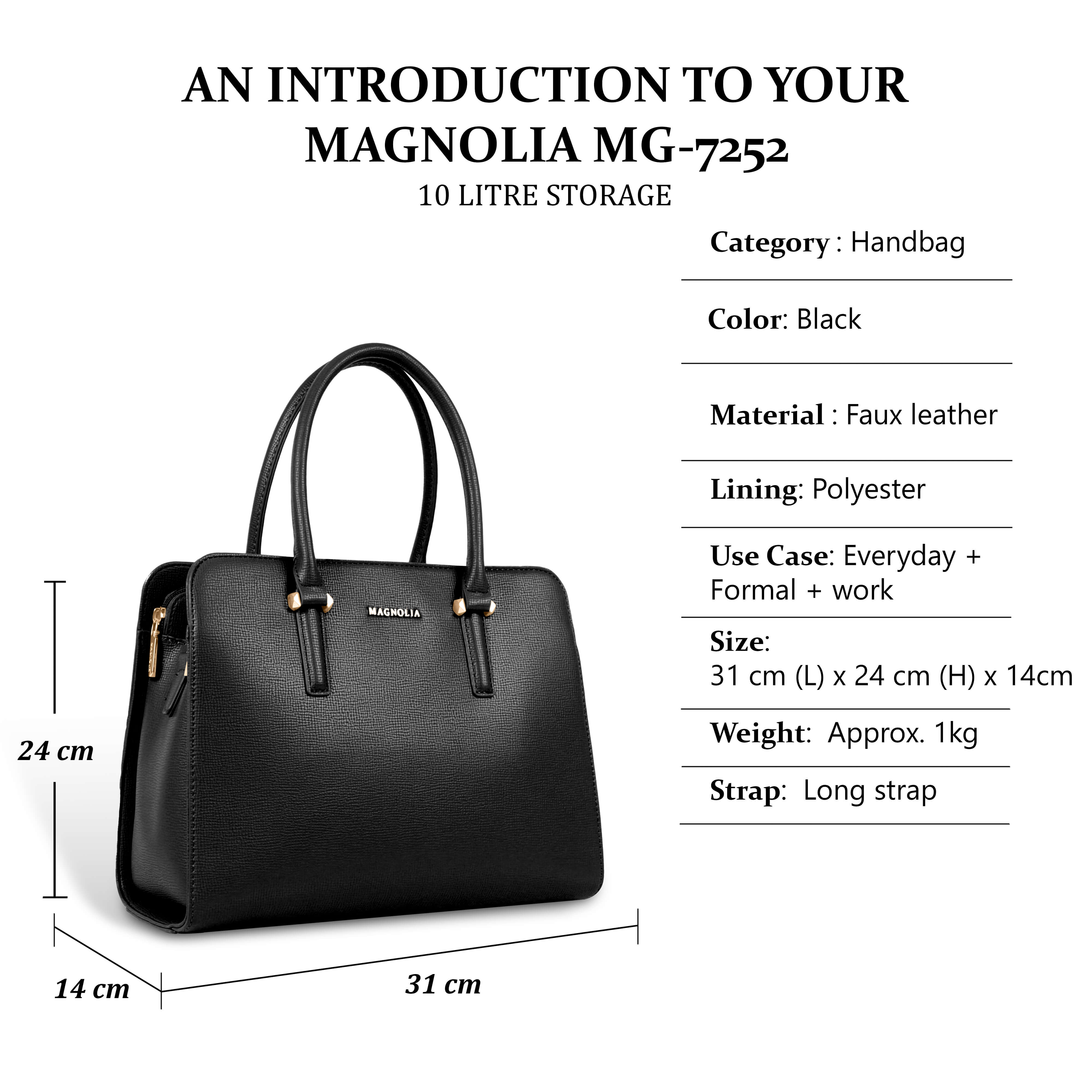 Magnolia® Prime Beige Carryall Vegan LeatherHandbag with Spacious Interior & Long Strap – Black