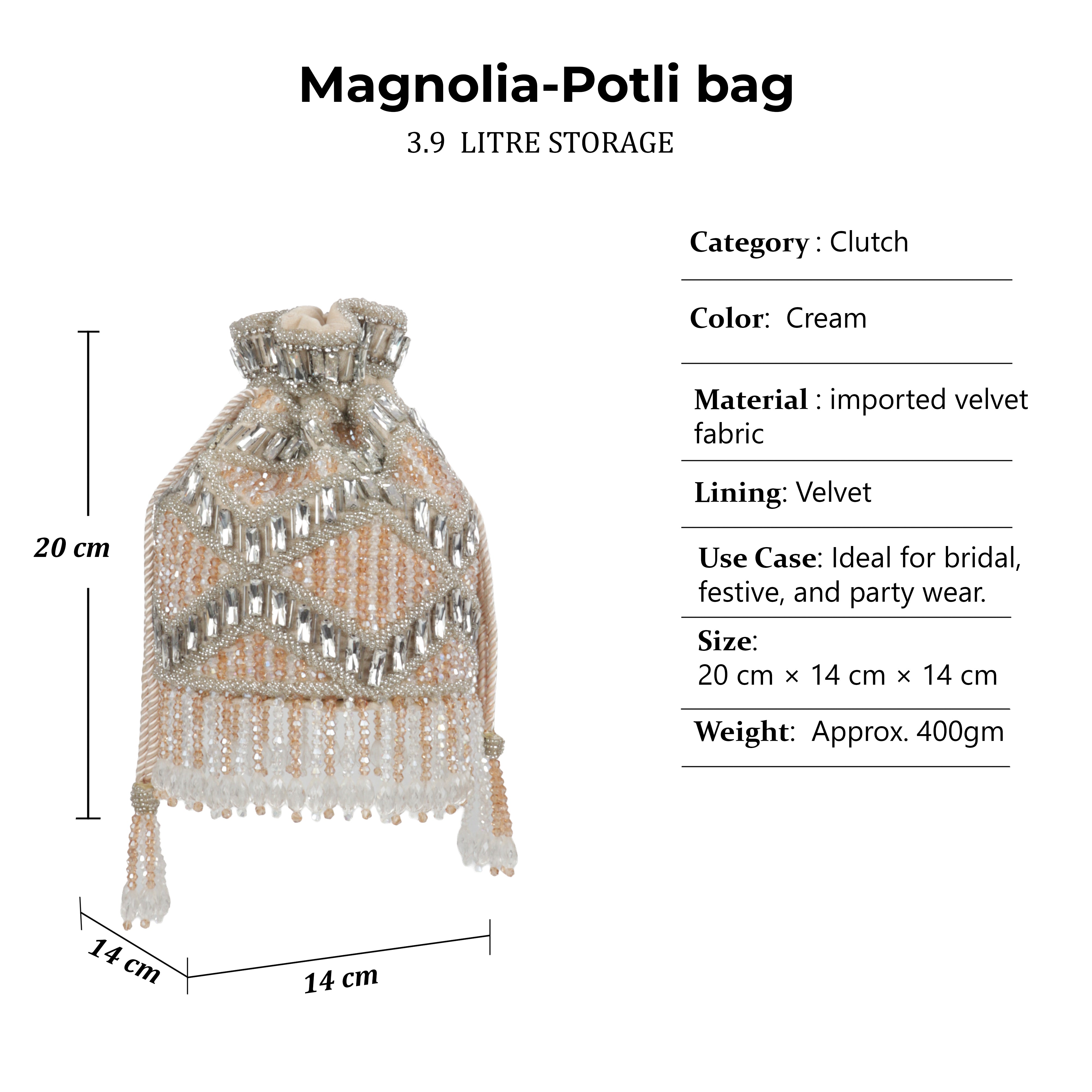 Magnolia Velvet Embroidered Potli Bag – Peach Gold with Silver Embroidery