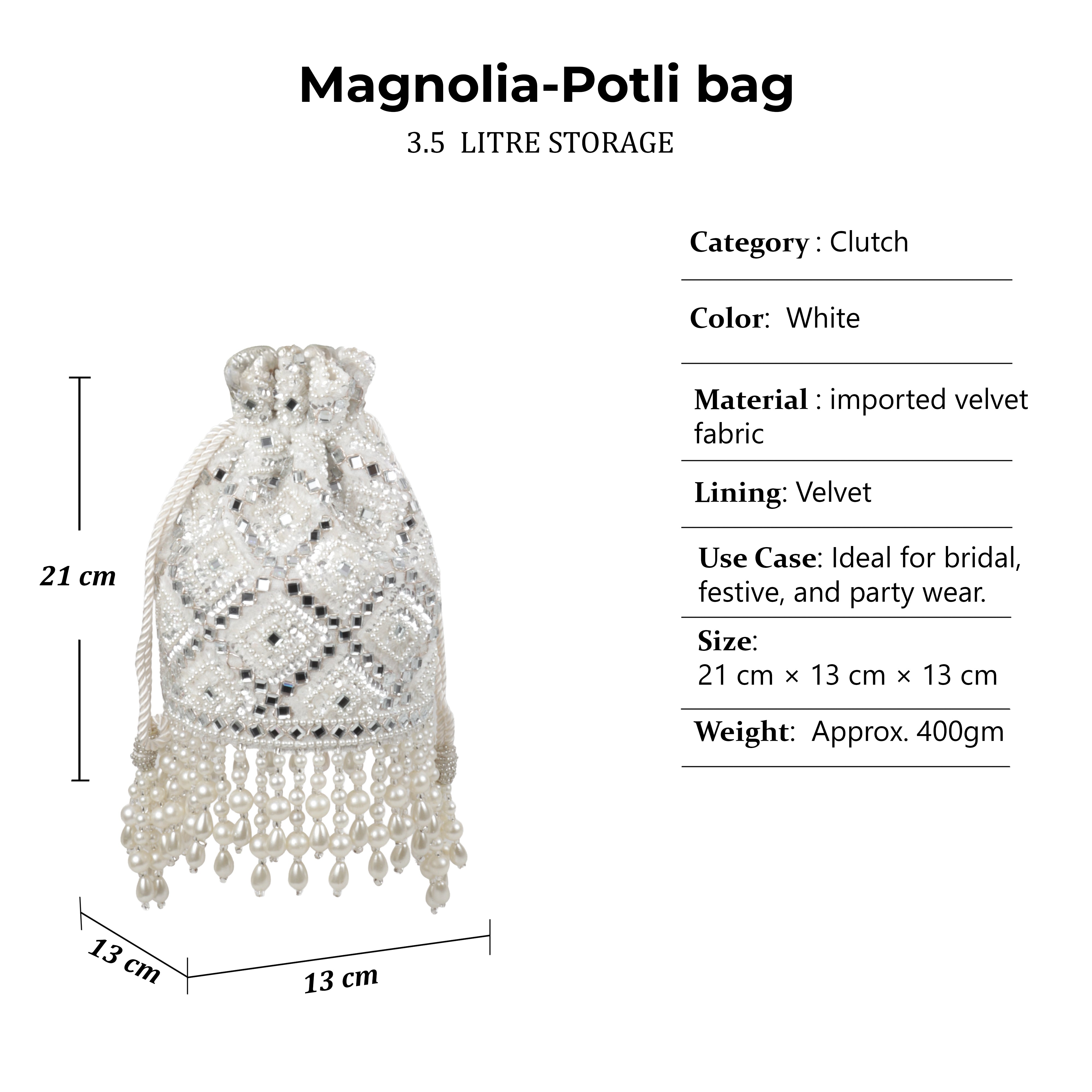 Magnolia Velvet Embroidered Potli Bag – White with Silver Embroidery & Pearl Detailing