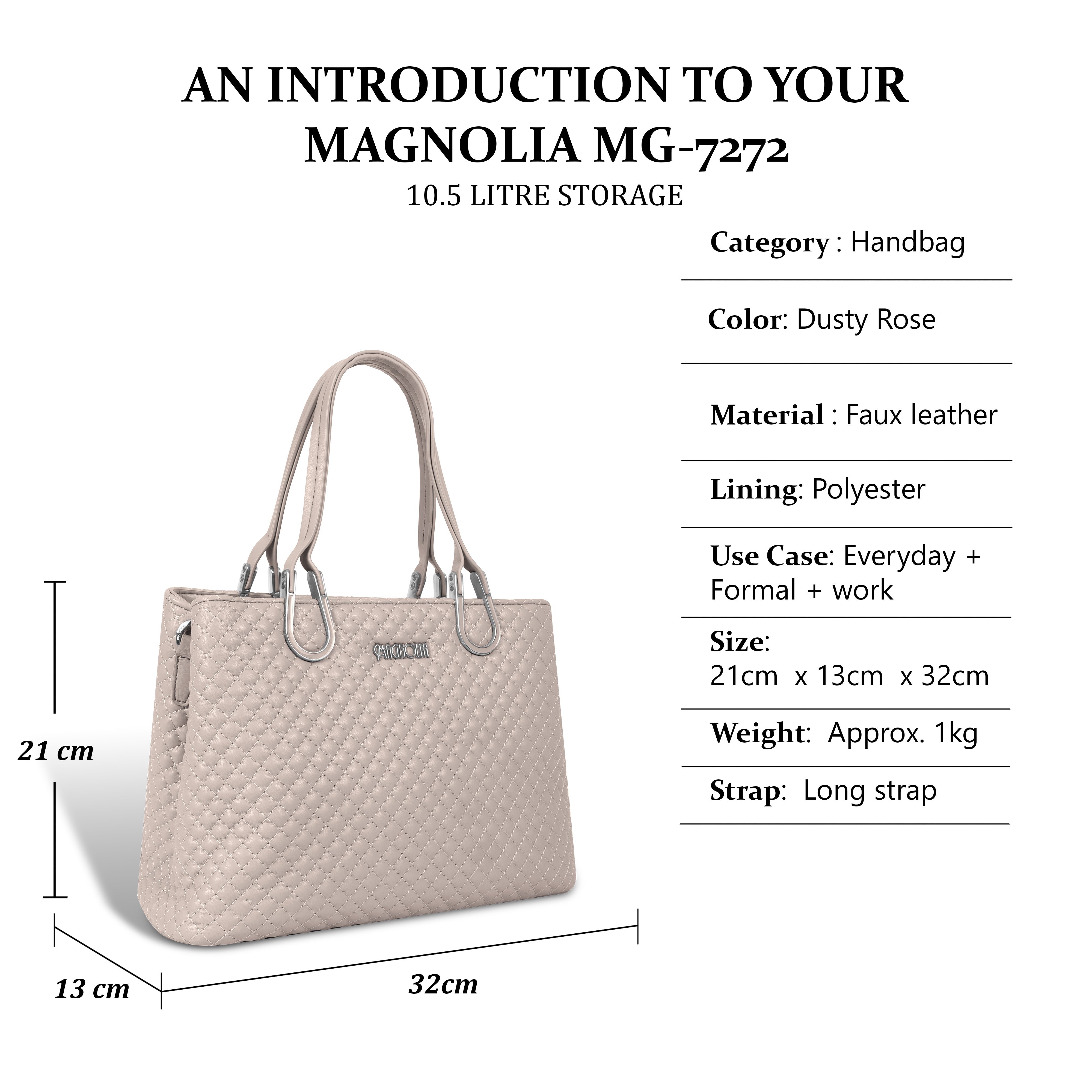 Magnolia Dusty Rose Quilted Faux Leather Handbag for Women | 10.5L Elegant Everyday & Office Shoulder Bag