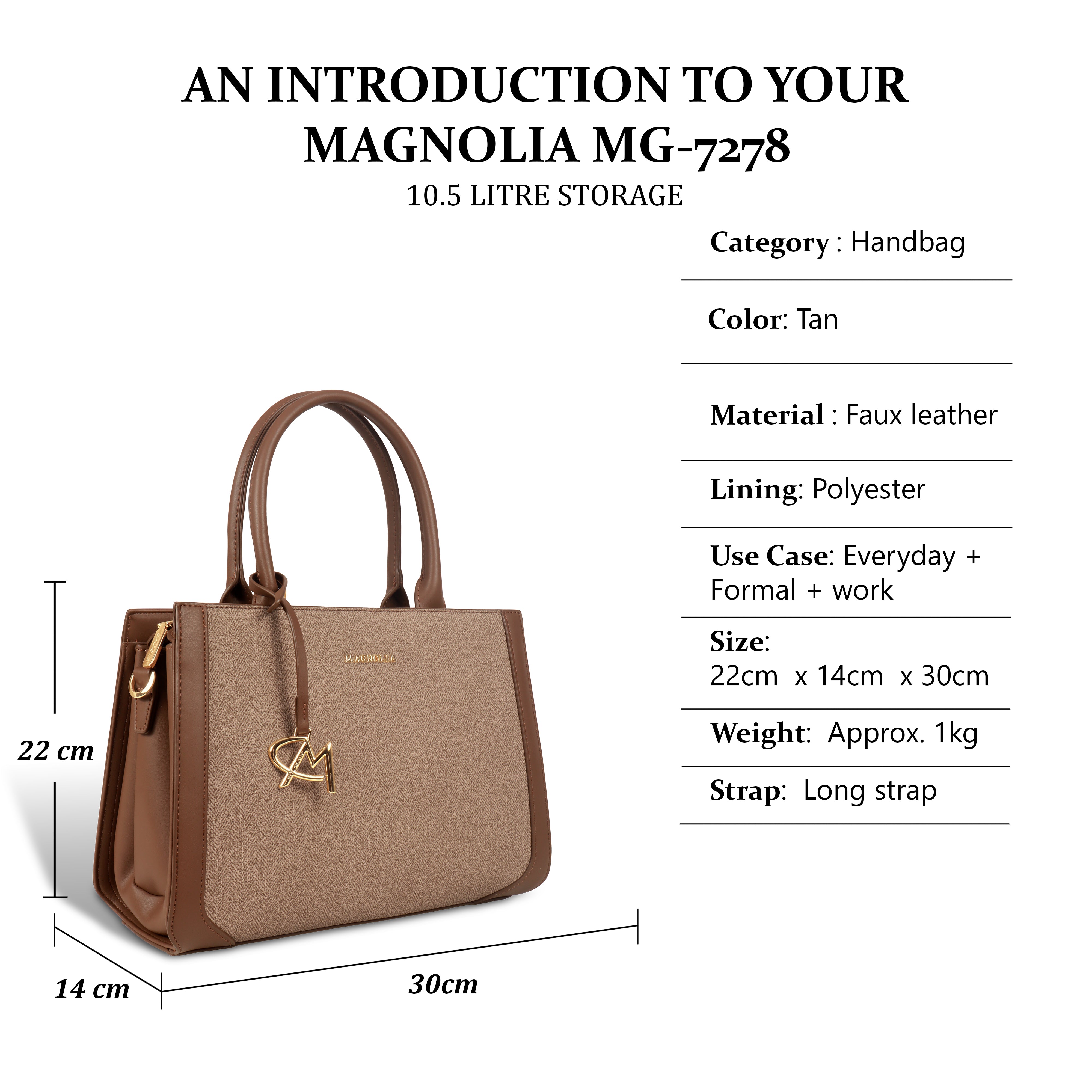 Magnolia Structured PU Leather Handbag for Women | 10.5L Stylish Office & Everyday Bag with Long Strap