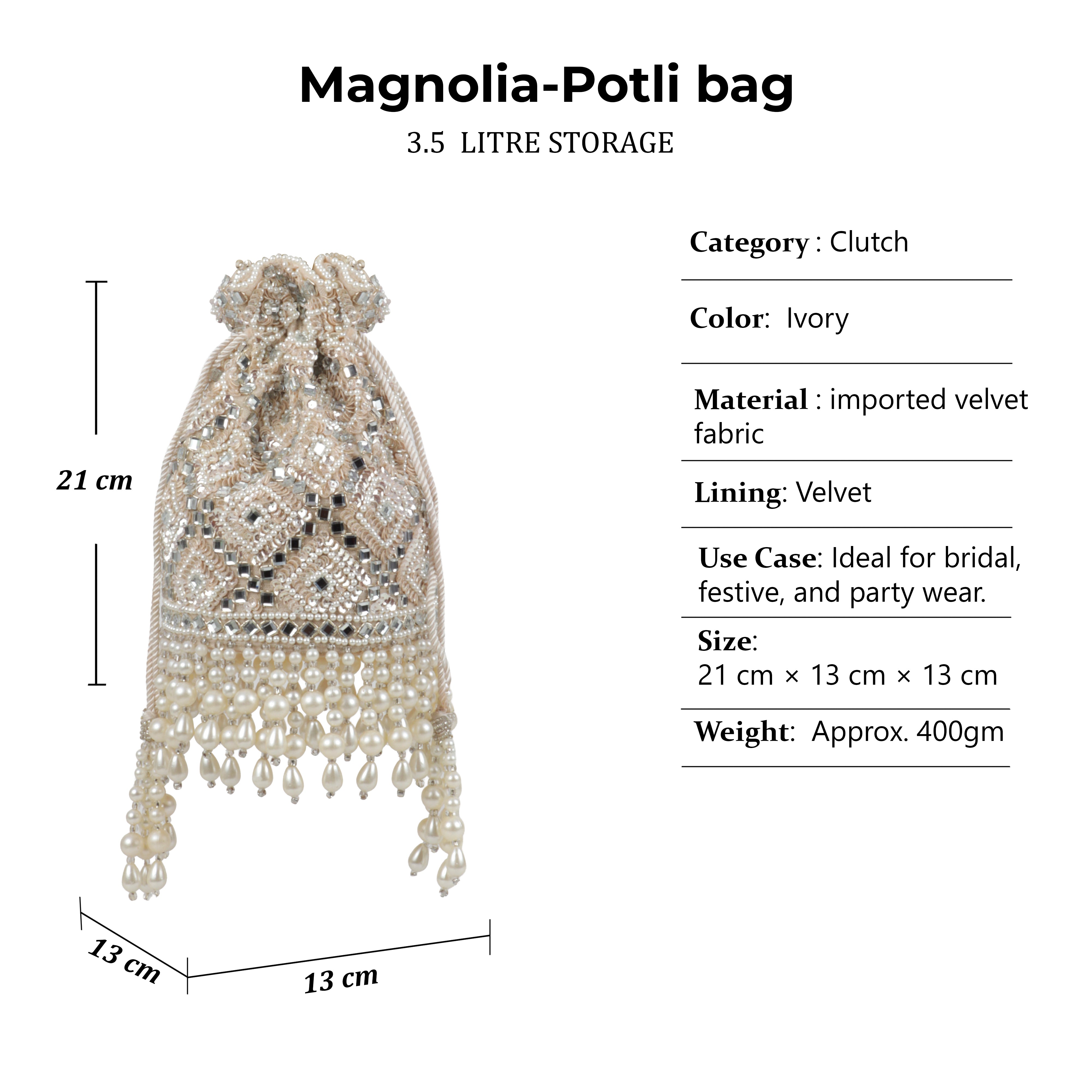Magnolia Velvet Embroidered Potli Bag – Ivory with Silver Embroidery & Pearl Detailing