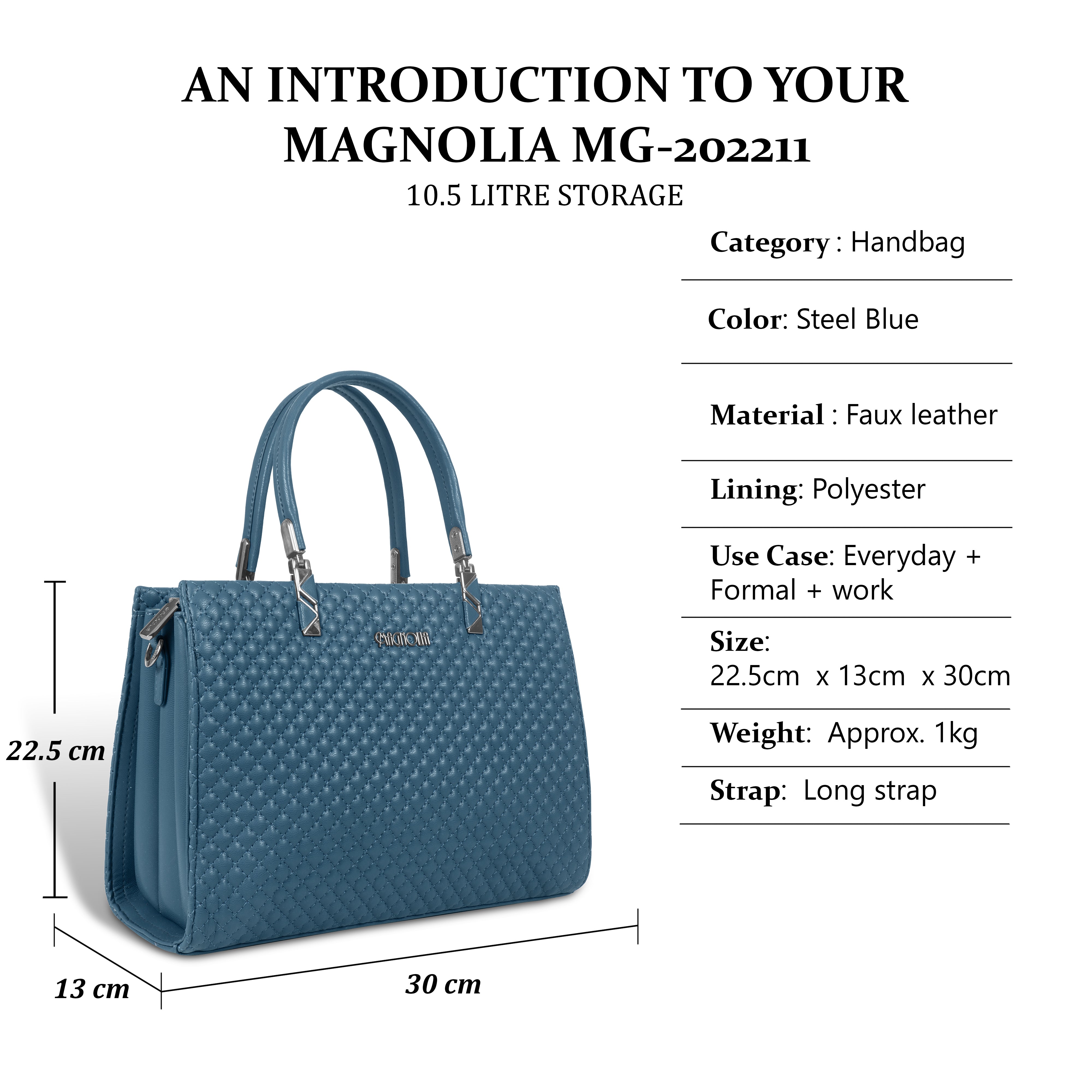 Magnolia Blue Quilted Faux Leather Handbag for Women | 10.5L Stylish Everyday & Office Use Bag with Long Strap