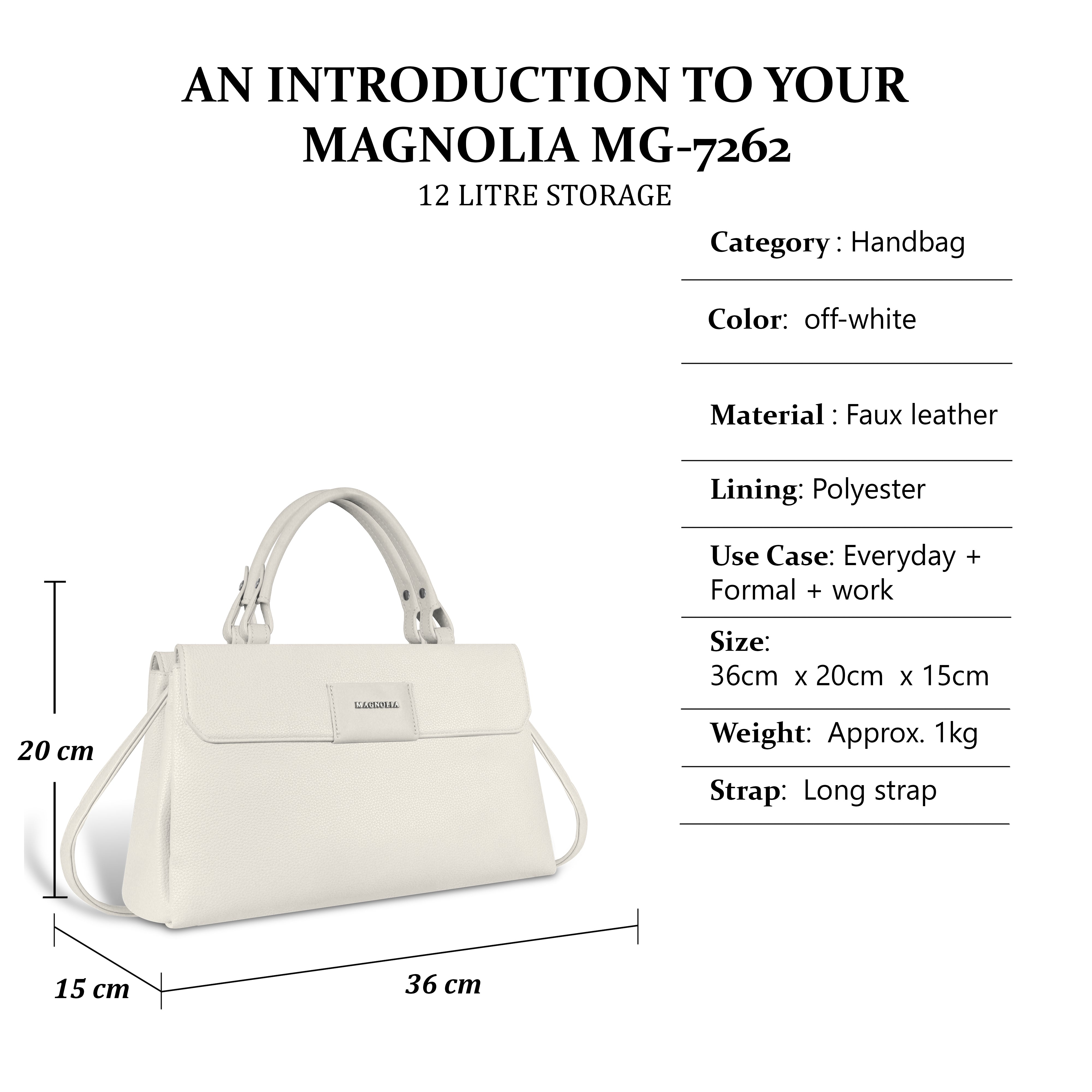Magnolia Off-White Vegan Leather Handbag for Women | 12L Spacious Everyday & Work Bag with Long Strap