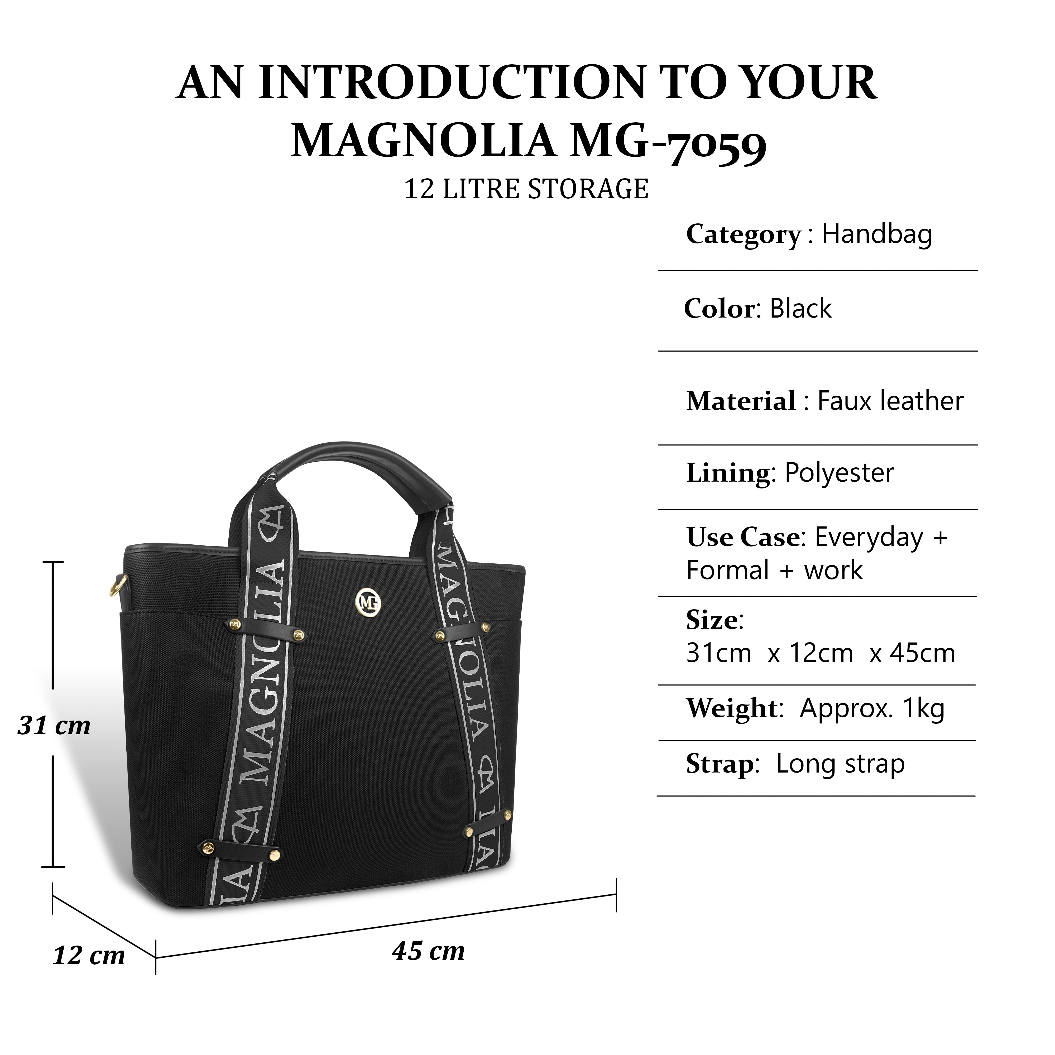 Magnolia® Vegan Leather Black Handbag – 15L Spacious Tote for Everyday & Work Use