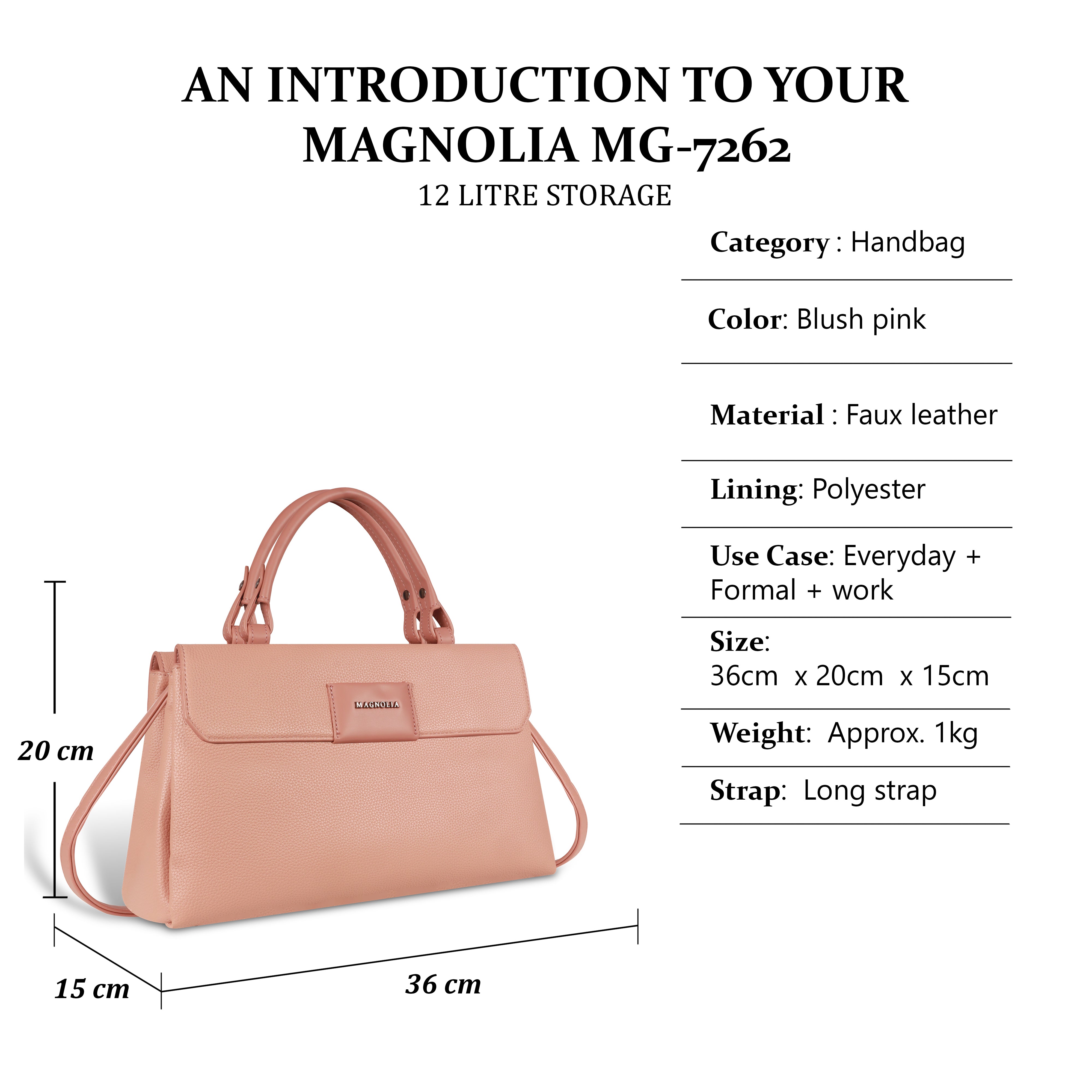 Magnolia Blush Pink Vegan Leather Handbag for Women | 12L Spacious Everyday & Work Bag with Long Strap