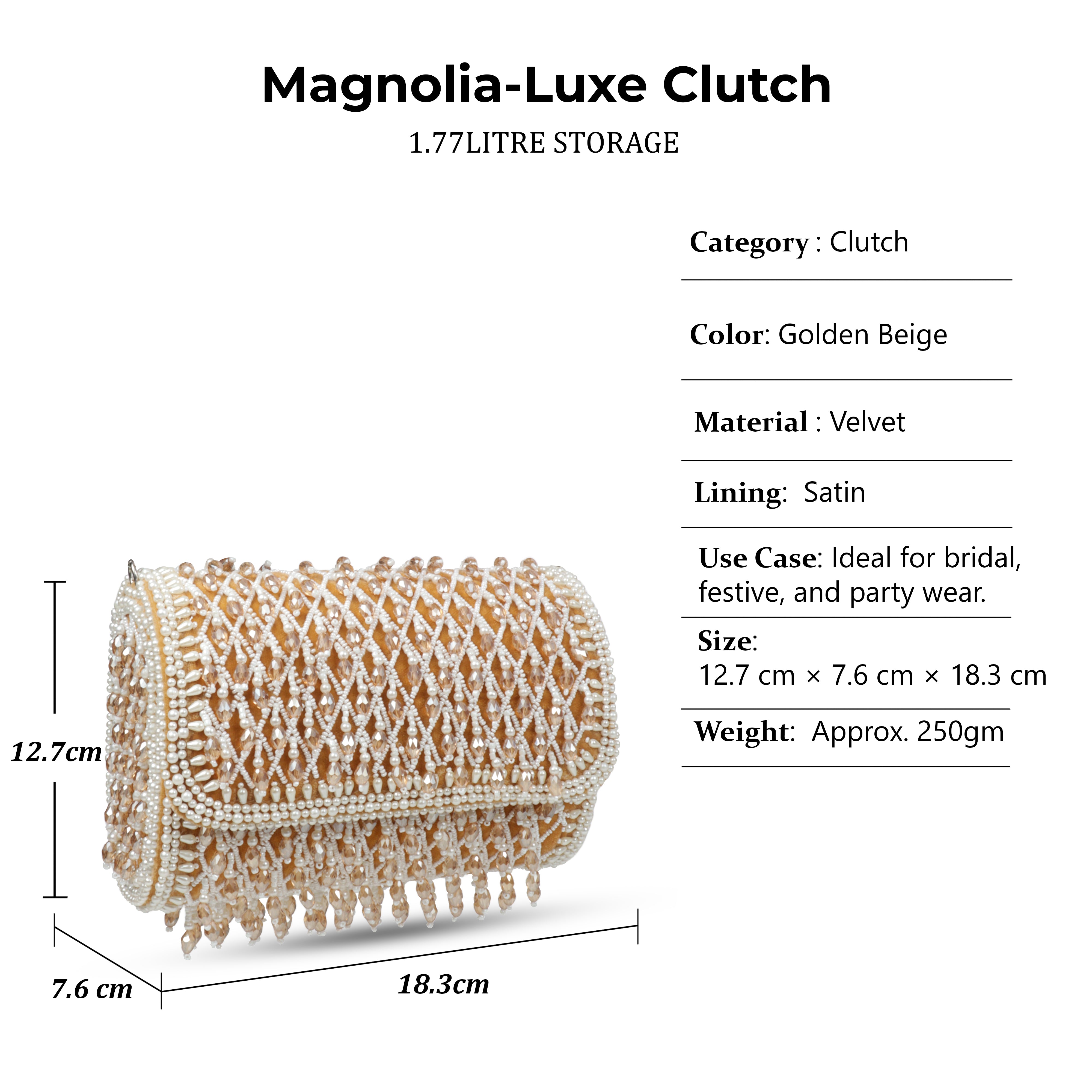 Magnolia Luxe Champagne Beige Velvet Bridal & Party Clutch – Handcrafted Beaded Design, Detachable Handle, Spacious Interior
