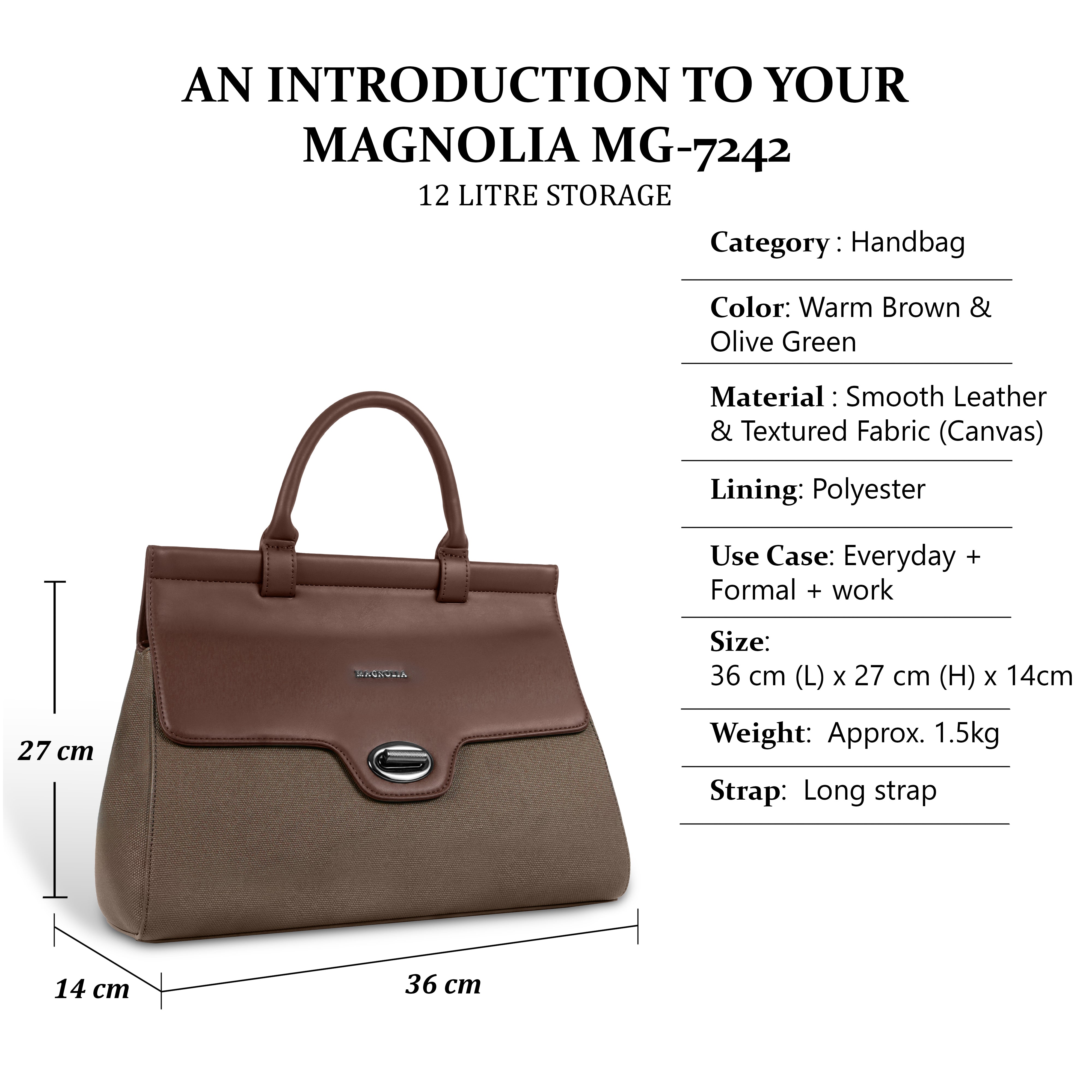 Magnolia Handbag |Brown | Premium PU Leather & Canvas | Work & Formal Bag