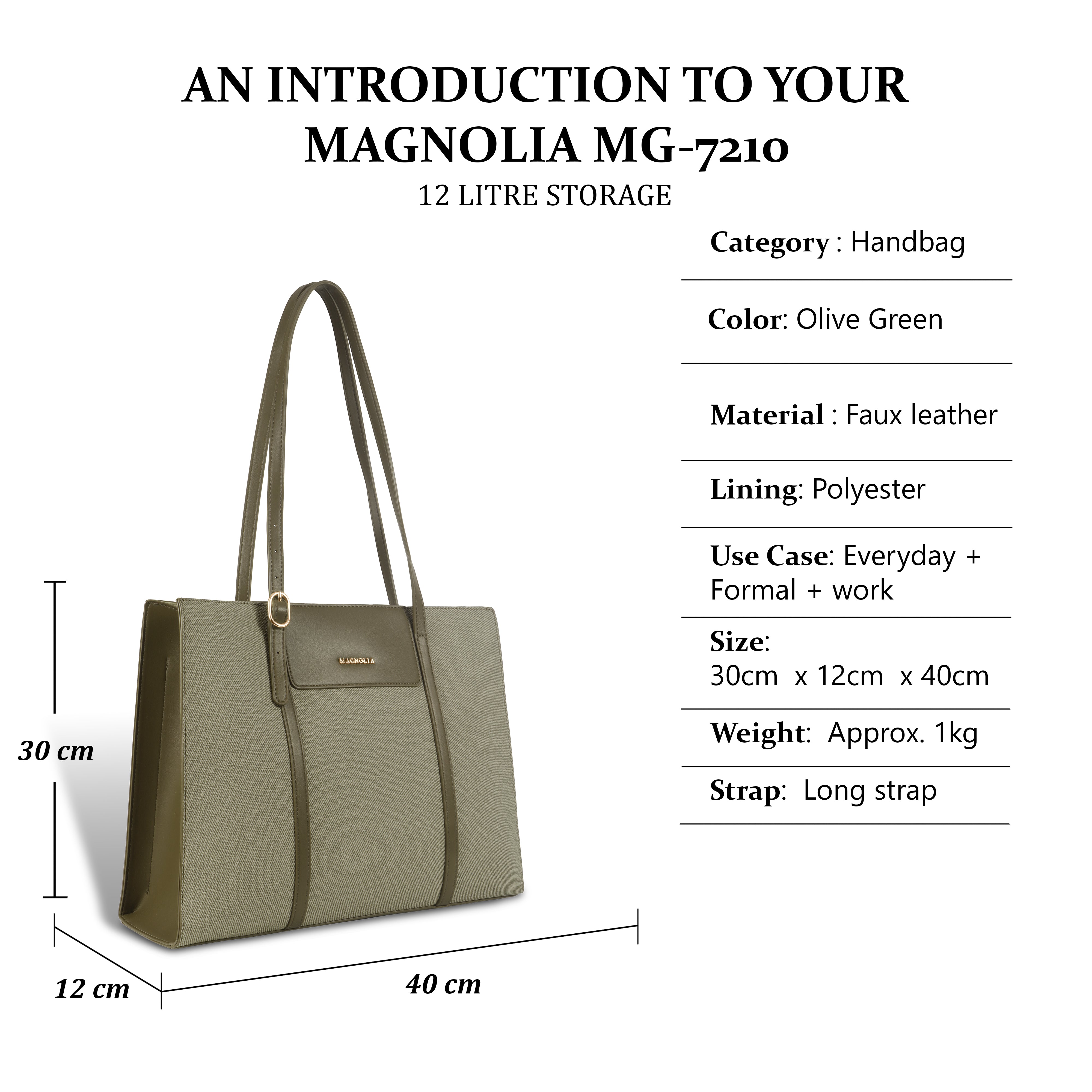 Magnolia Structured Green Tote Bag for Women | PU Leather & Fabric Combo | 12L Work & Everyday Handbag