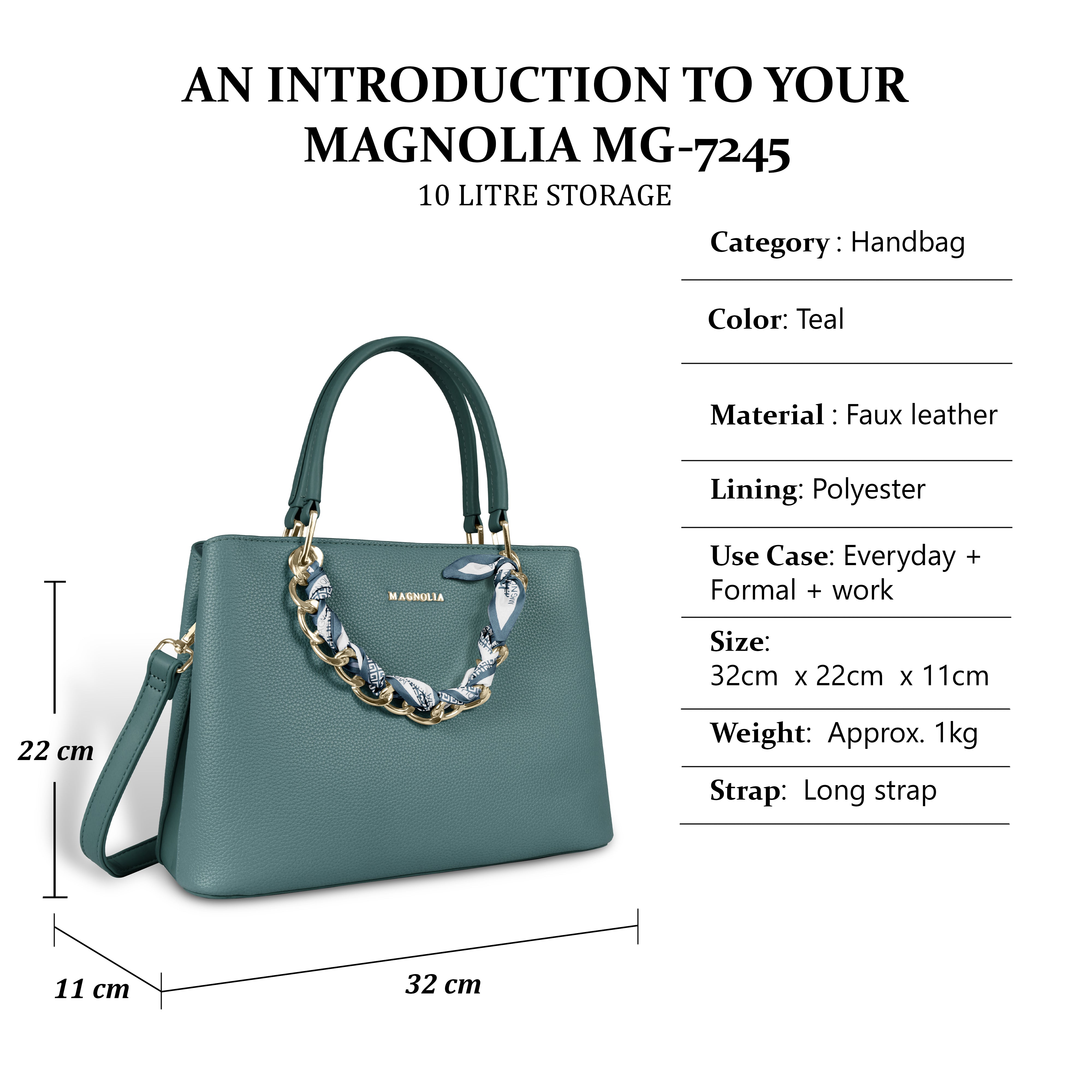 Magnolia Elegant Textured Handbag with Scarf Chain Handle – Teal Green – Small Structured PU Leather Bag