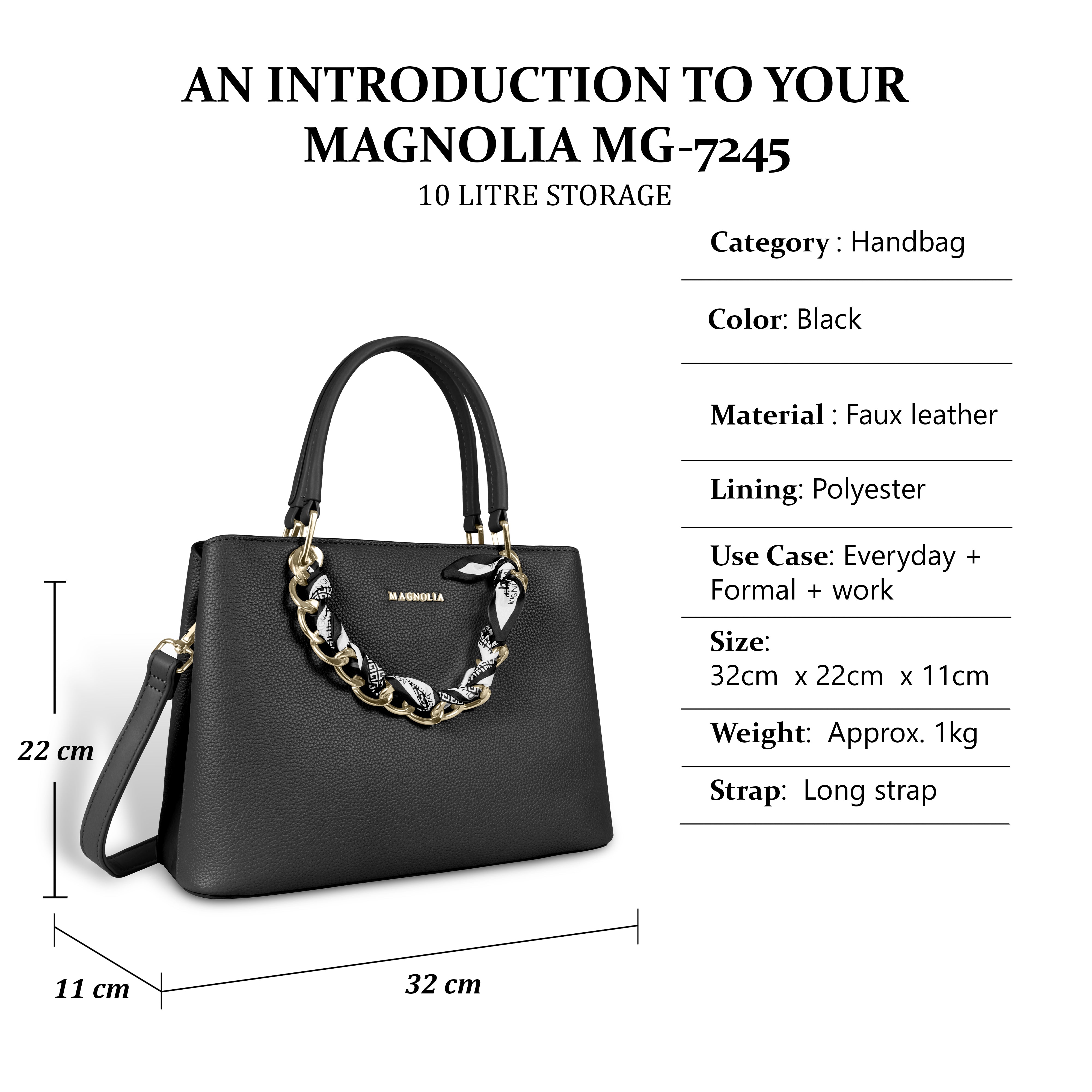 Magnolia Elegant Textured Handbag with Scarf Chain Handle – Black – Small Structured PU Leather Bag