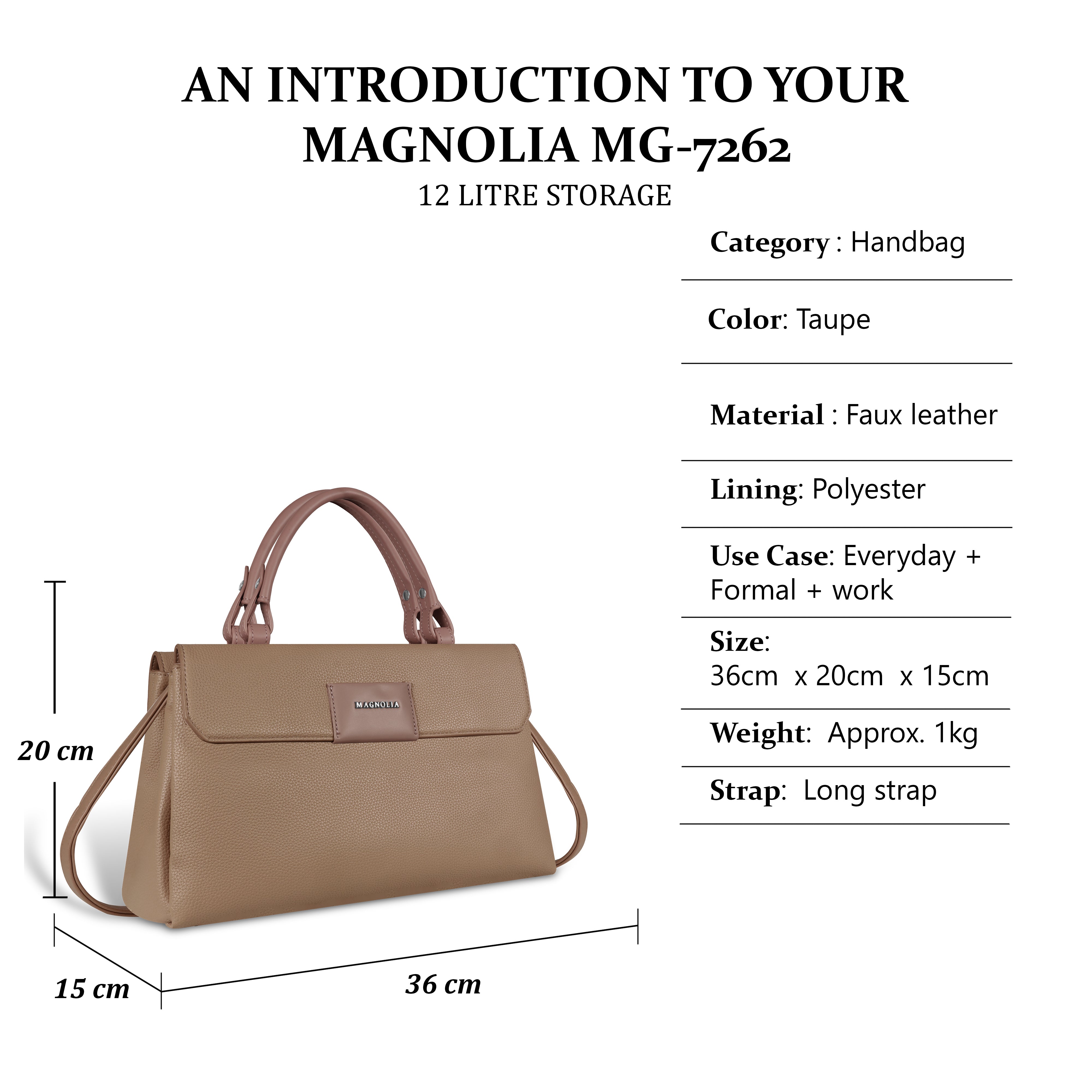 Magnolia Taupe Vegan Leather Handbag for Women | 12L Spacious Everyday & Work Bag with Long Strap