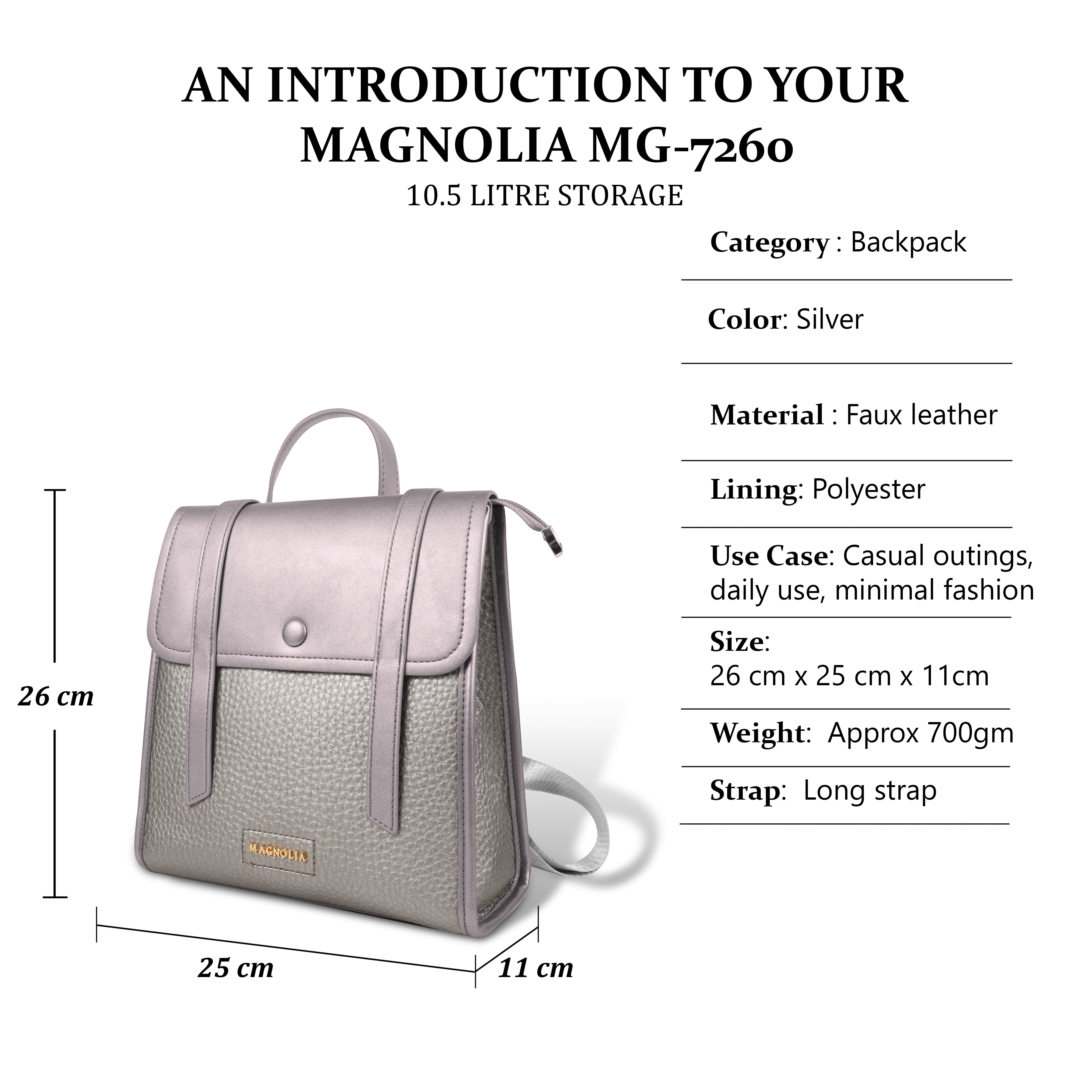 Magnolia Silver Vegan Leather Backpack for Women | 10.5L Stylish Casual Daypack with Long Strap