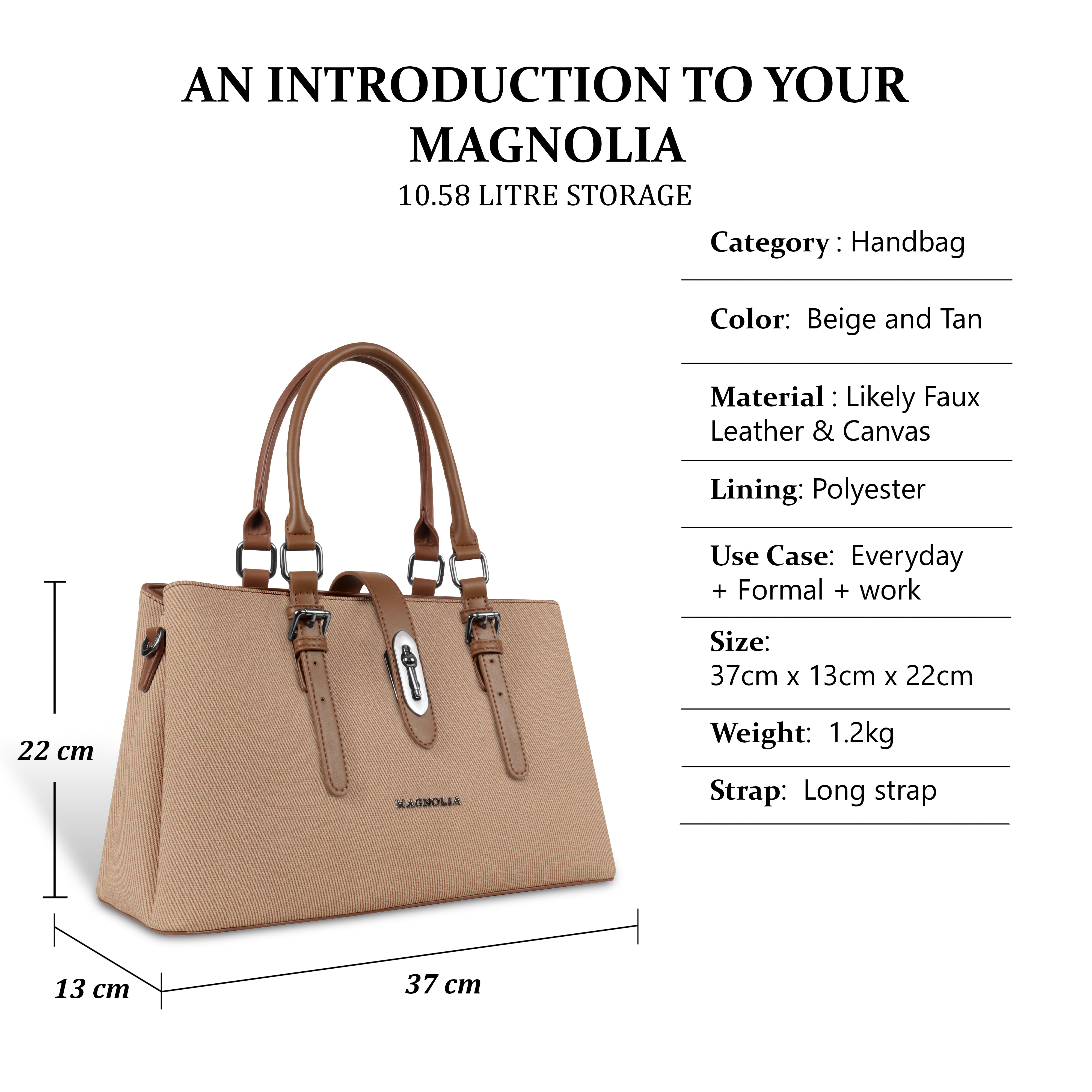 Magnolia Brown Handbag | Vegan Leather | 10.58L Storage