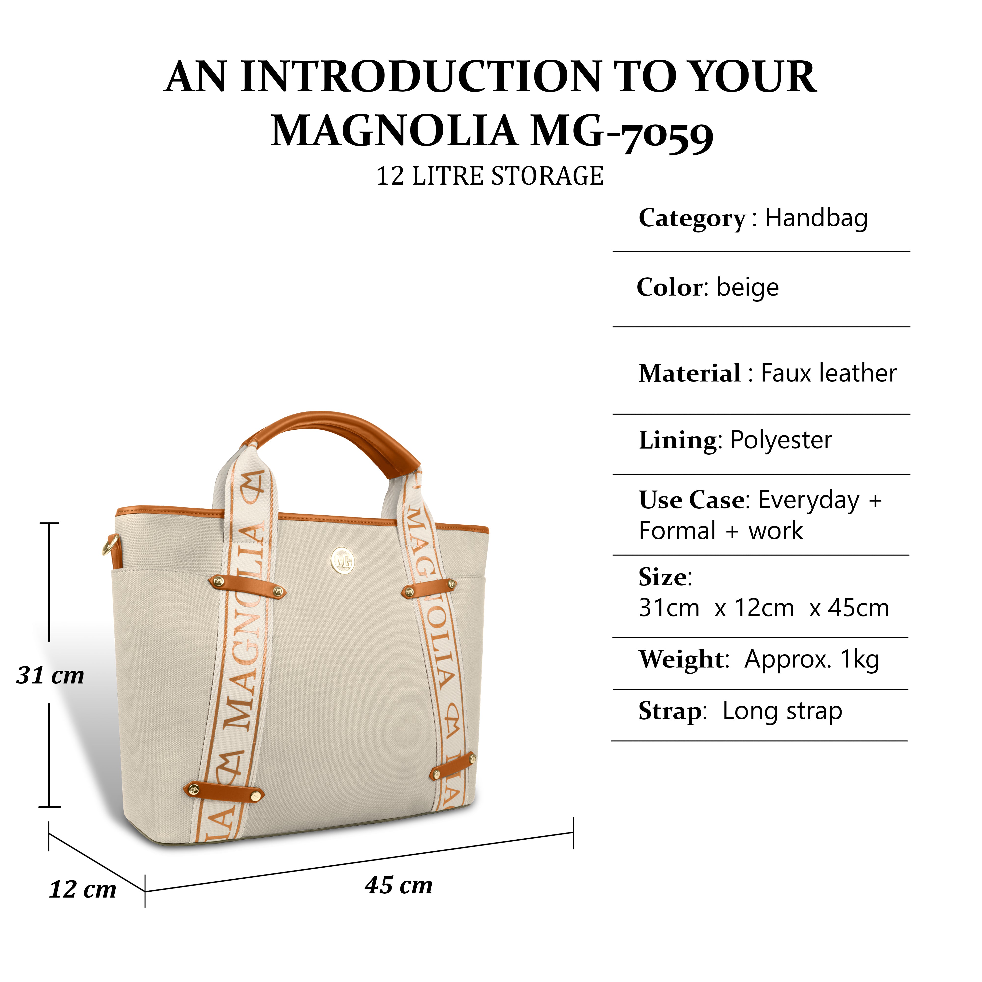 Magnolia® Vegan Leather Tan Handbag – 15L Spacious Tote for Everyday & Work Use