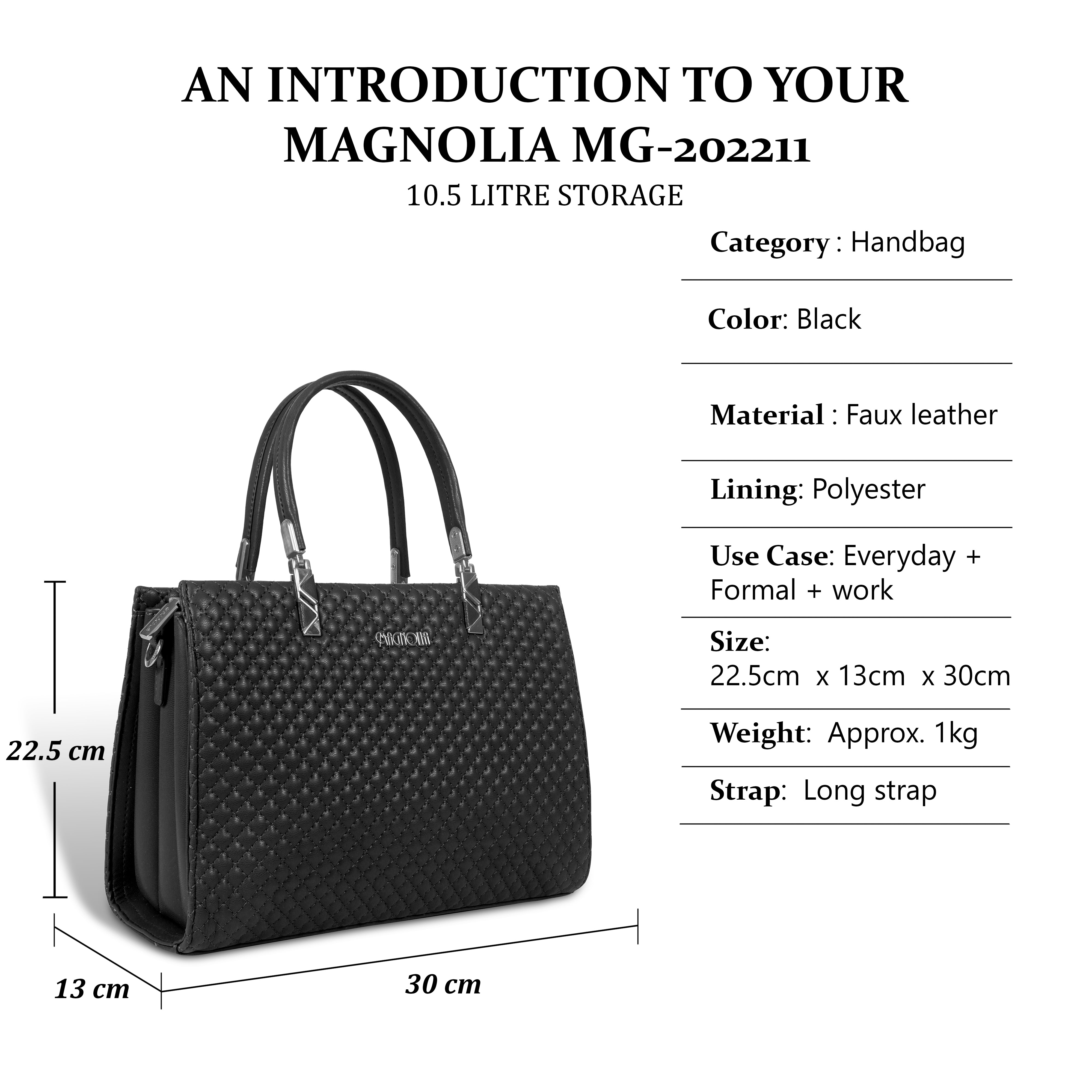 Magnolia Black Quilted Faux Leather Handbag for Women | 10.5L Stylish Everyday & Office Use Bag with Long Strap