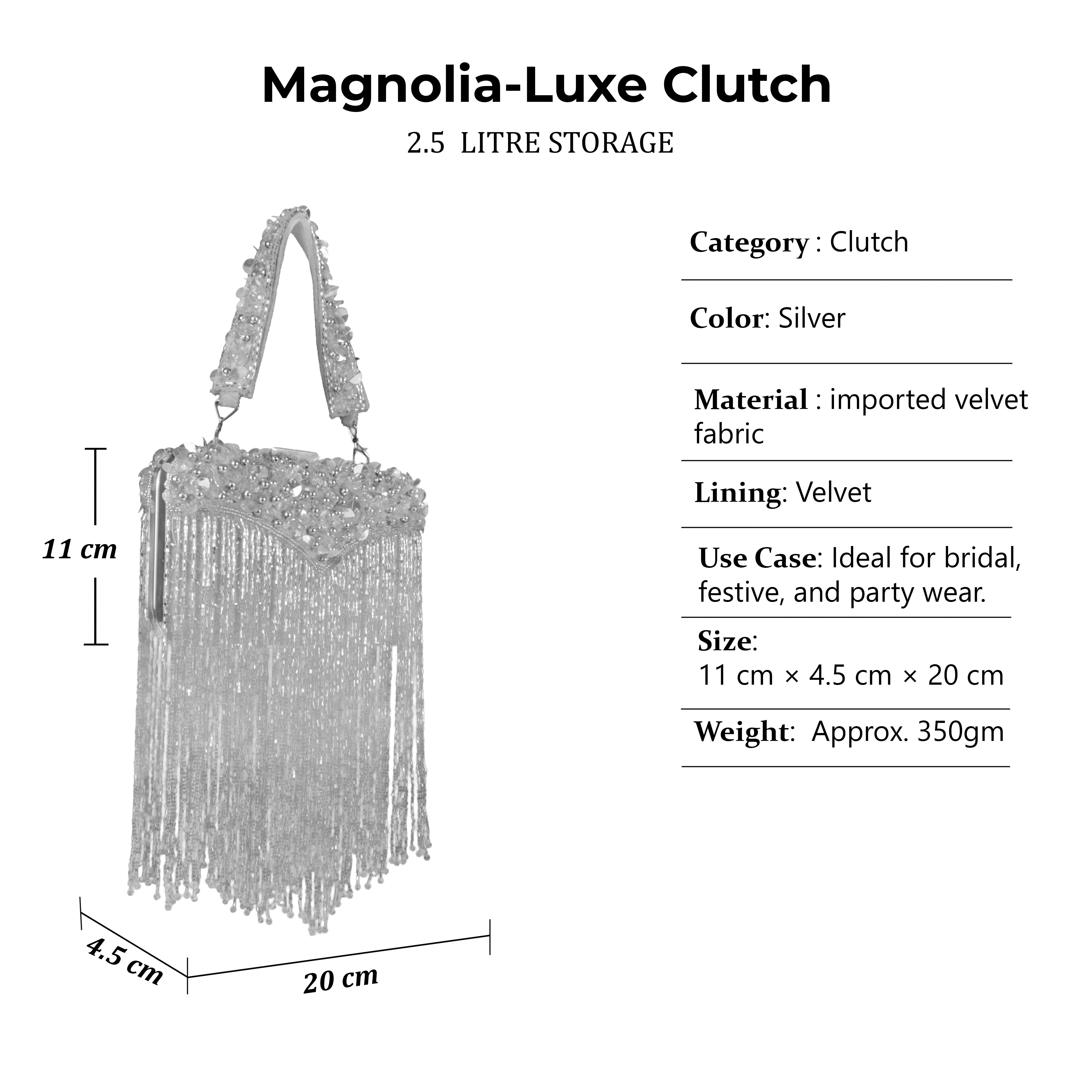 Magnolia-Luxe Silver Clutch with Embellished Fringe Detail
