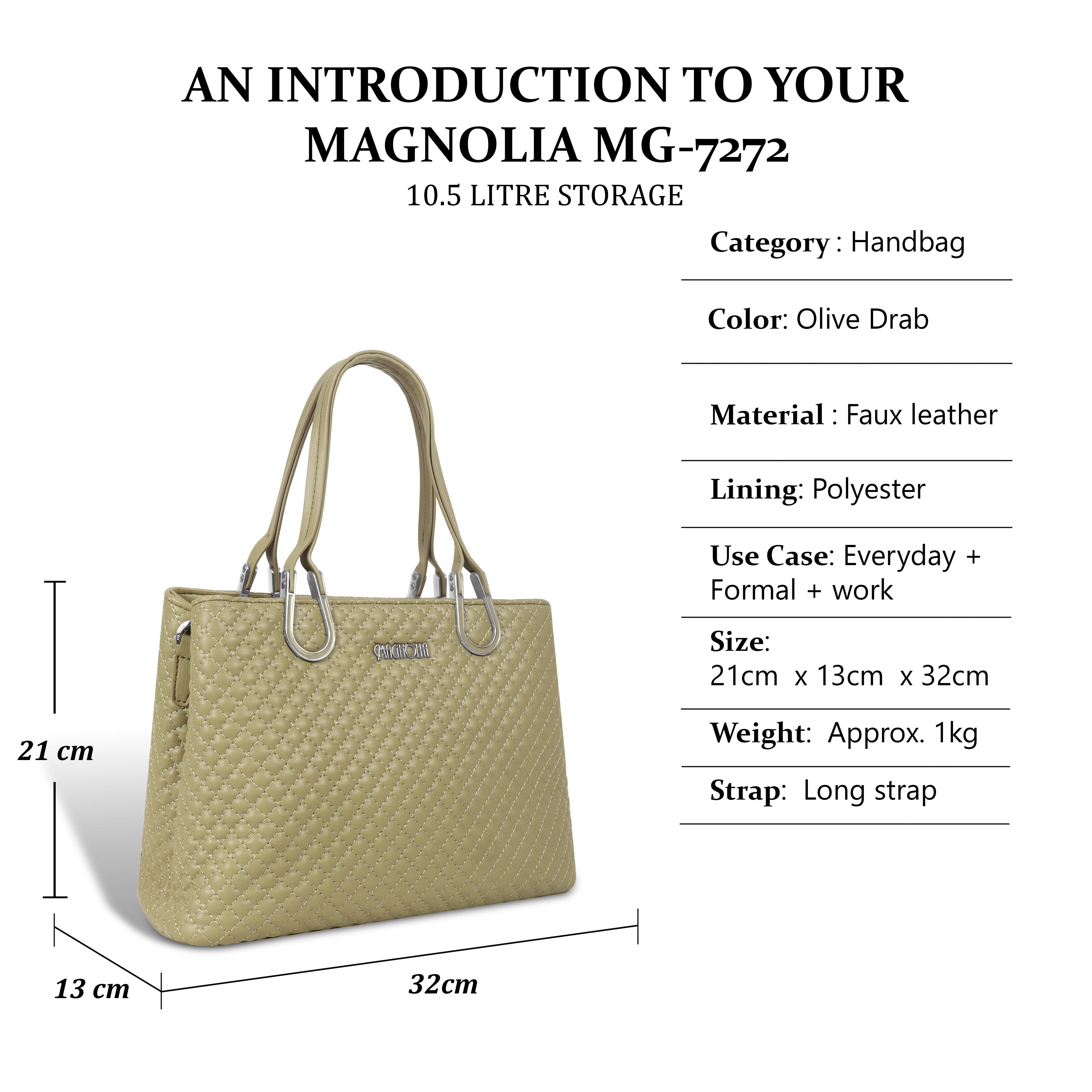 Magnolia Quilted Faux Leather Handbag for Women | 10.5L Elegant Everyday & Office Shoulder Bag