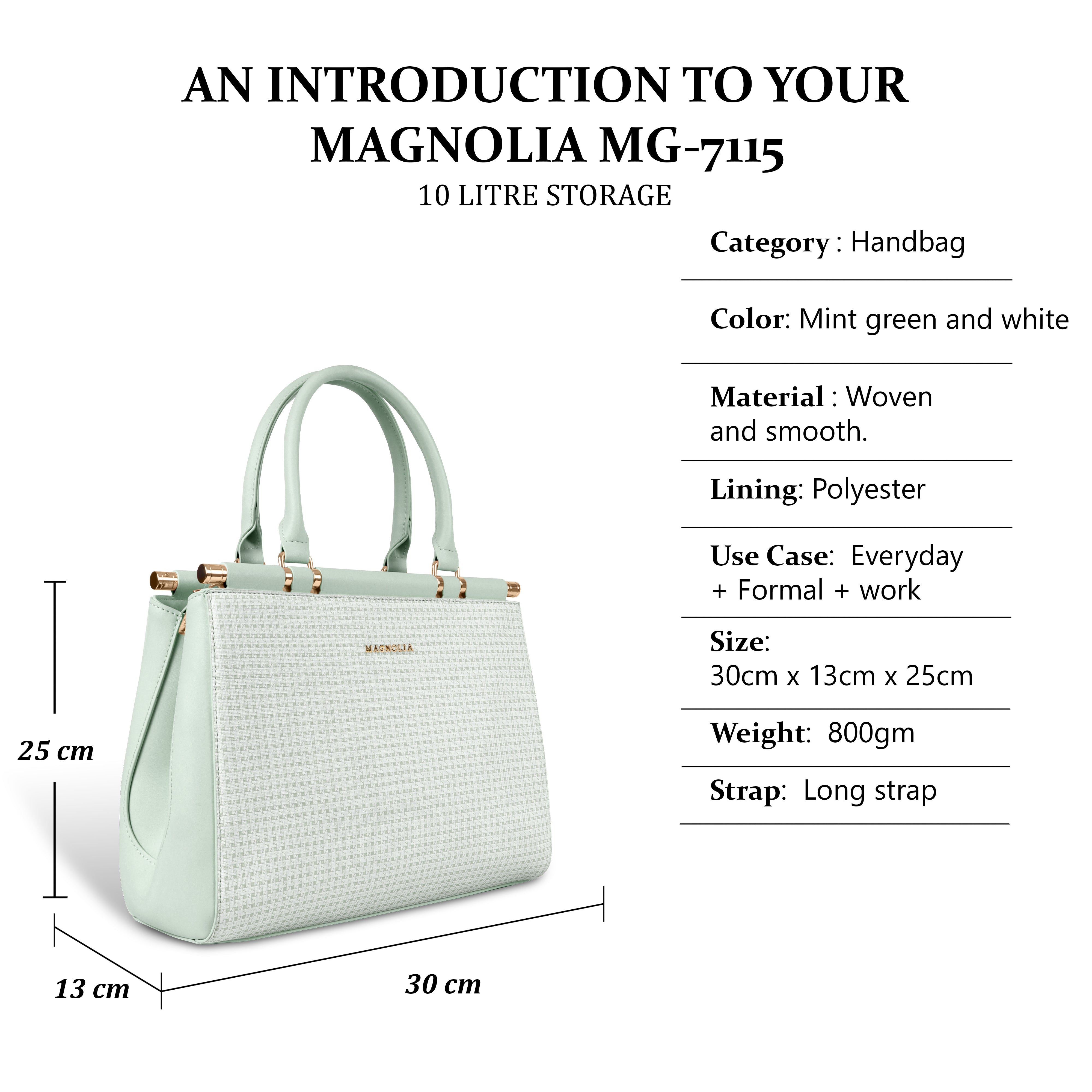 Magnolia Woven Texture Handbag | Mint Green & White | 10L Storage | Adjustable Strap | Spacious Interior