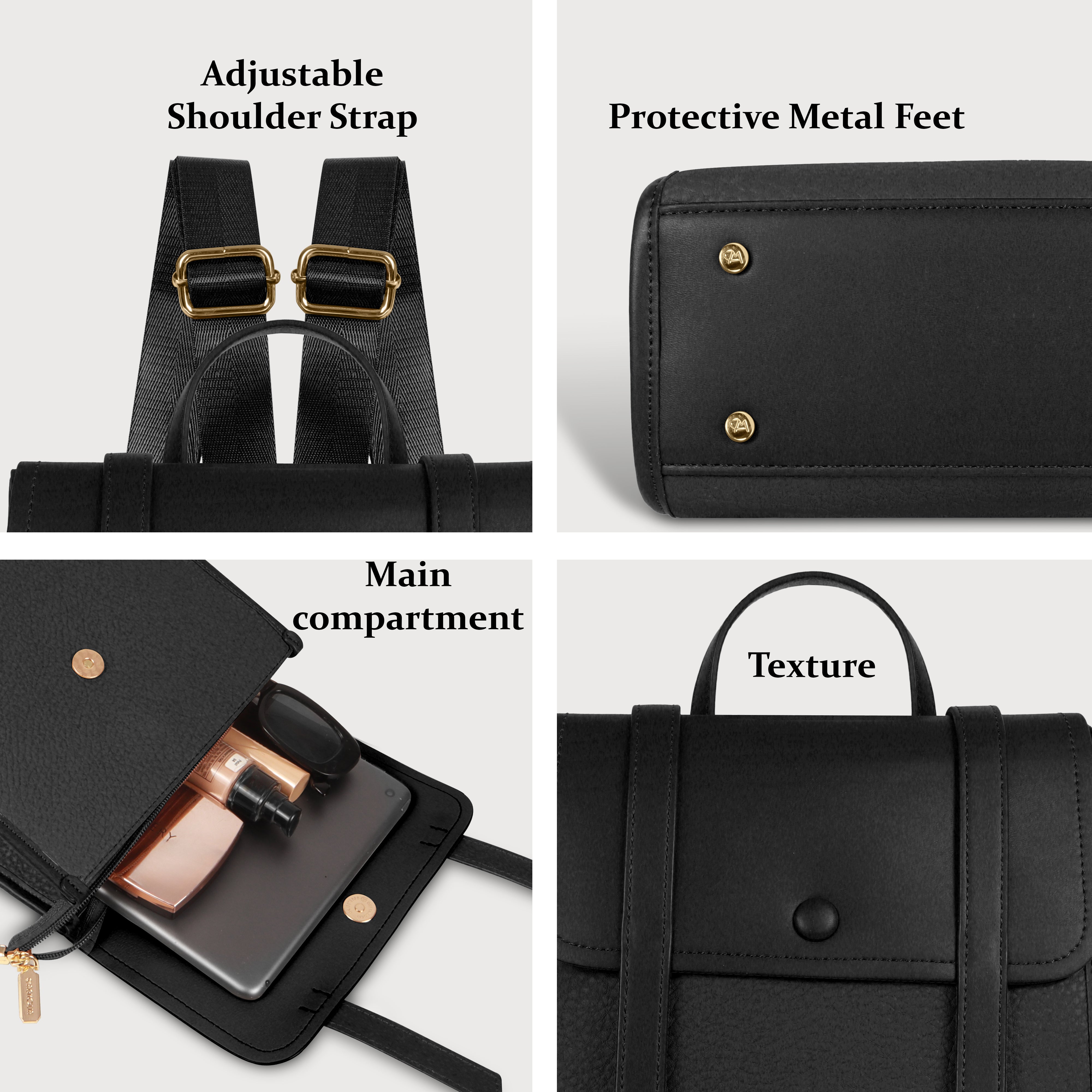 Magnolia Black Vegan Leather Backpack for Women | 10.5L Stylish Casual Daypack with Long Strap