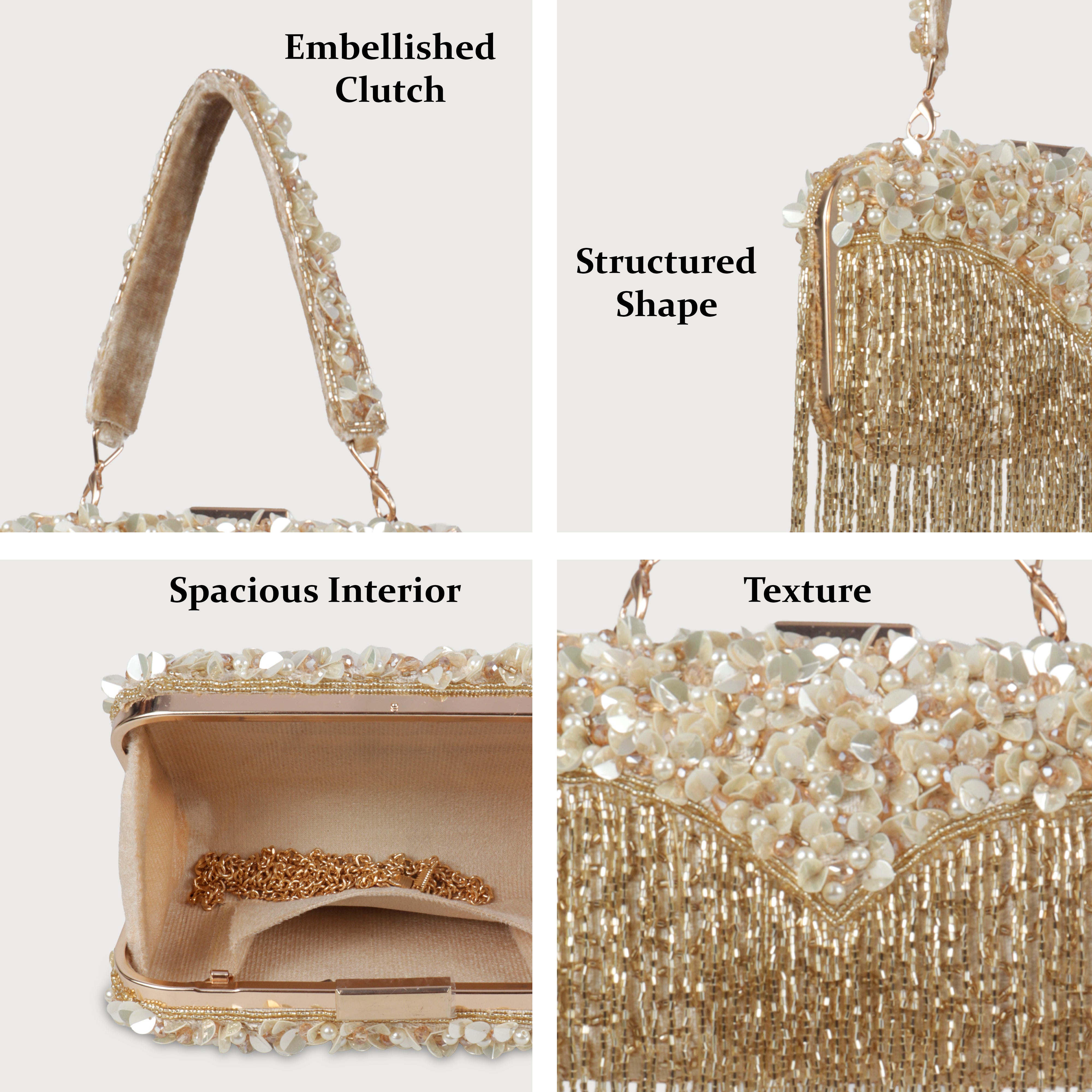 Magnolia-Luxe Gold Clutch with Embellished Fringe Detail