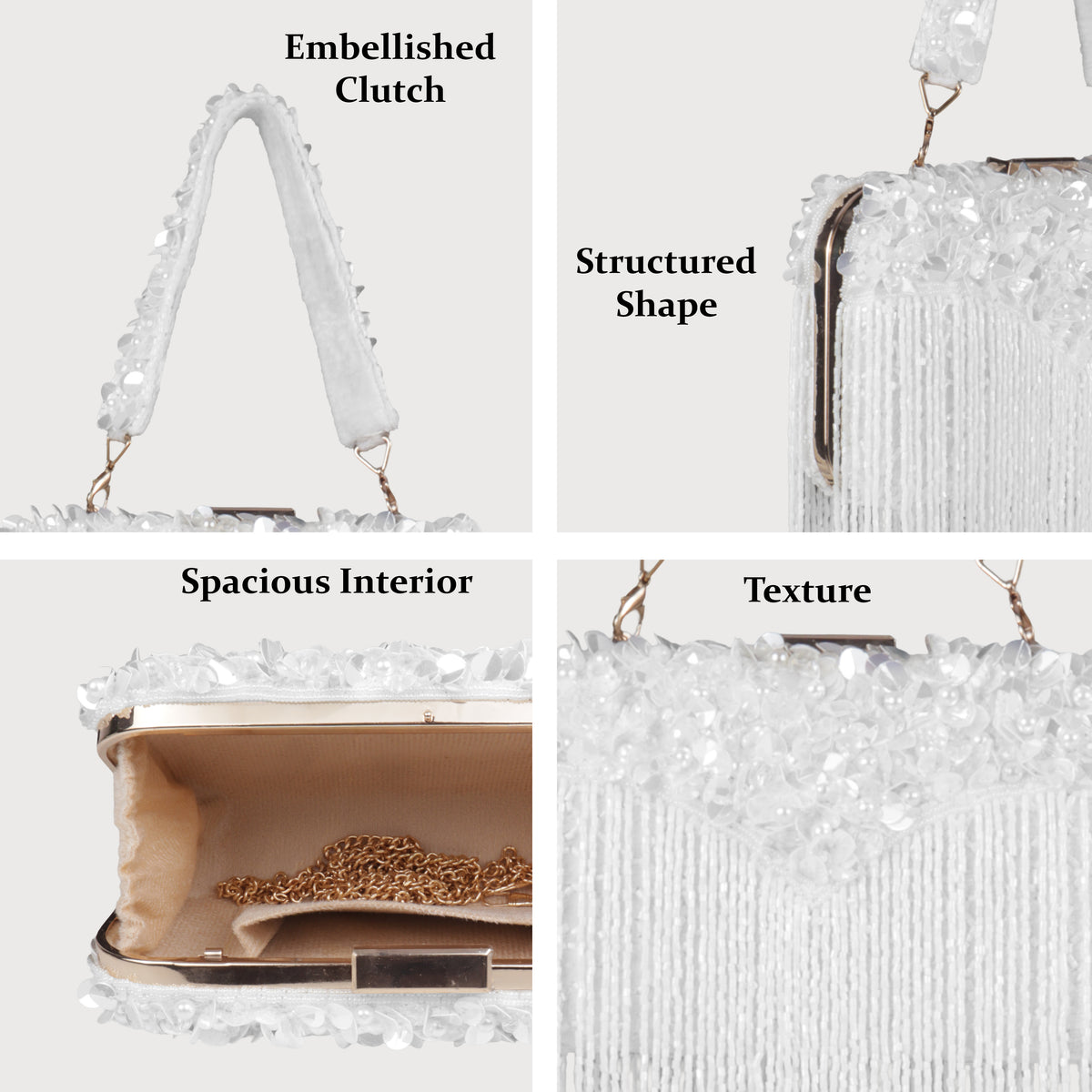 Magnolia White Velvet Embellished Women Clutch