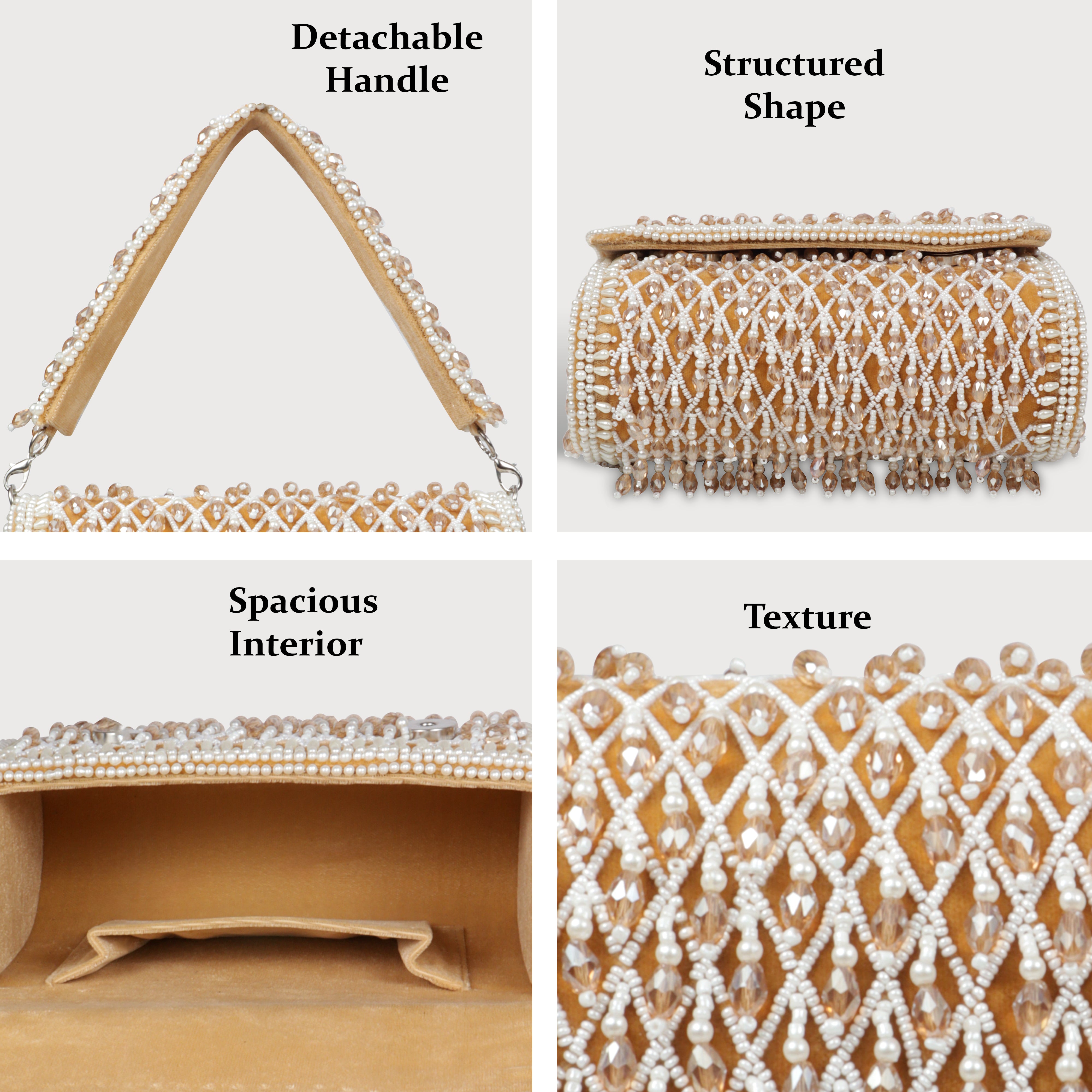Magnolia Luxe Champagne Beige Velvet Bridal & Party Clutch – Handcrafted Beaded Design, Detachable Handle, Spacious Interior