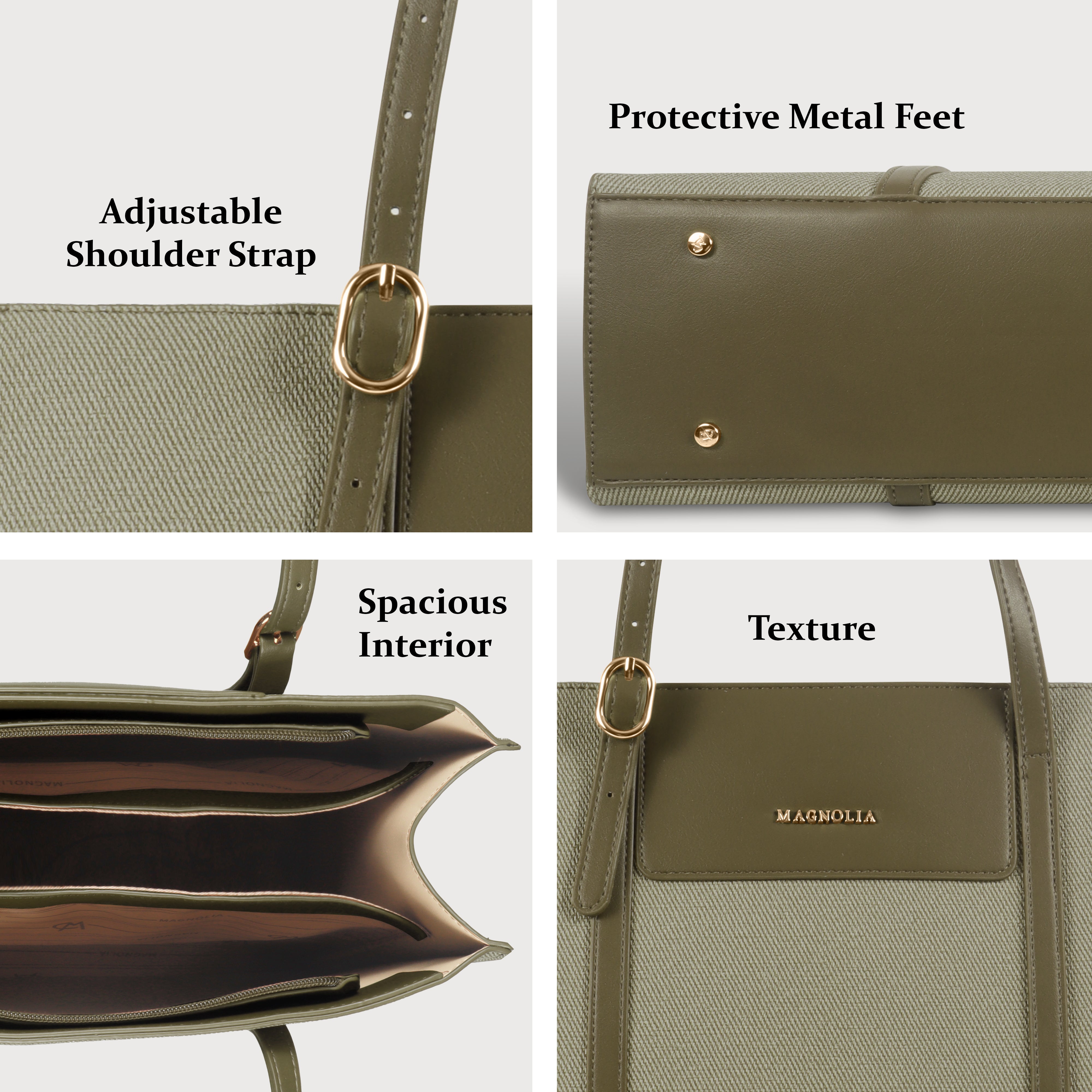 Magnolia Structured Green Tote Bag for Women | PU Leather & Fabric Combo | 12L Work & Everyday Handbag