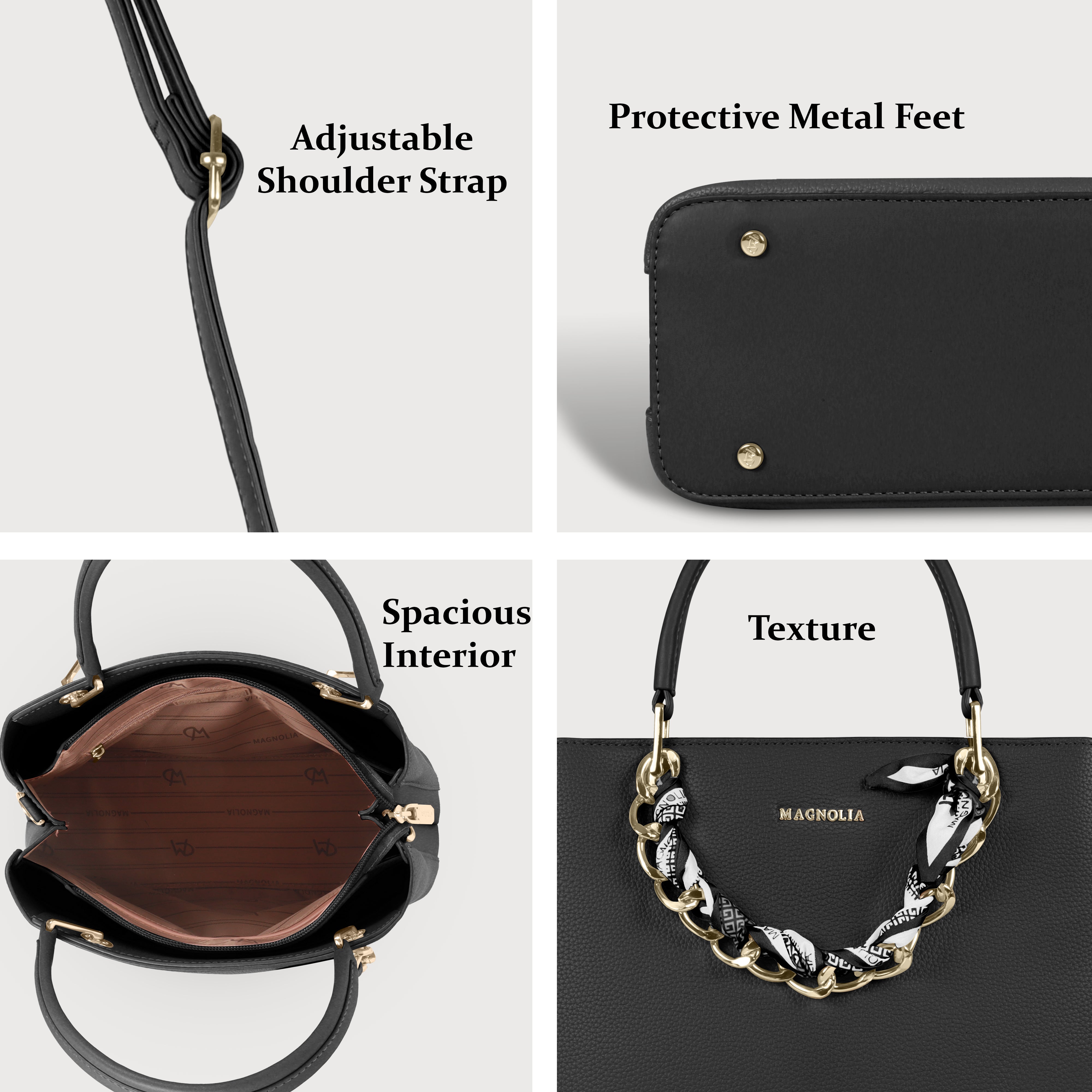 Magnolia Elegant Textured Handbag with Scarf Chain Handle – Black – Small Structured PU Leather Bag