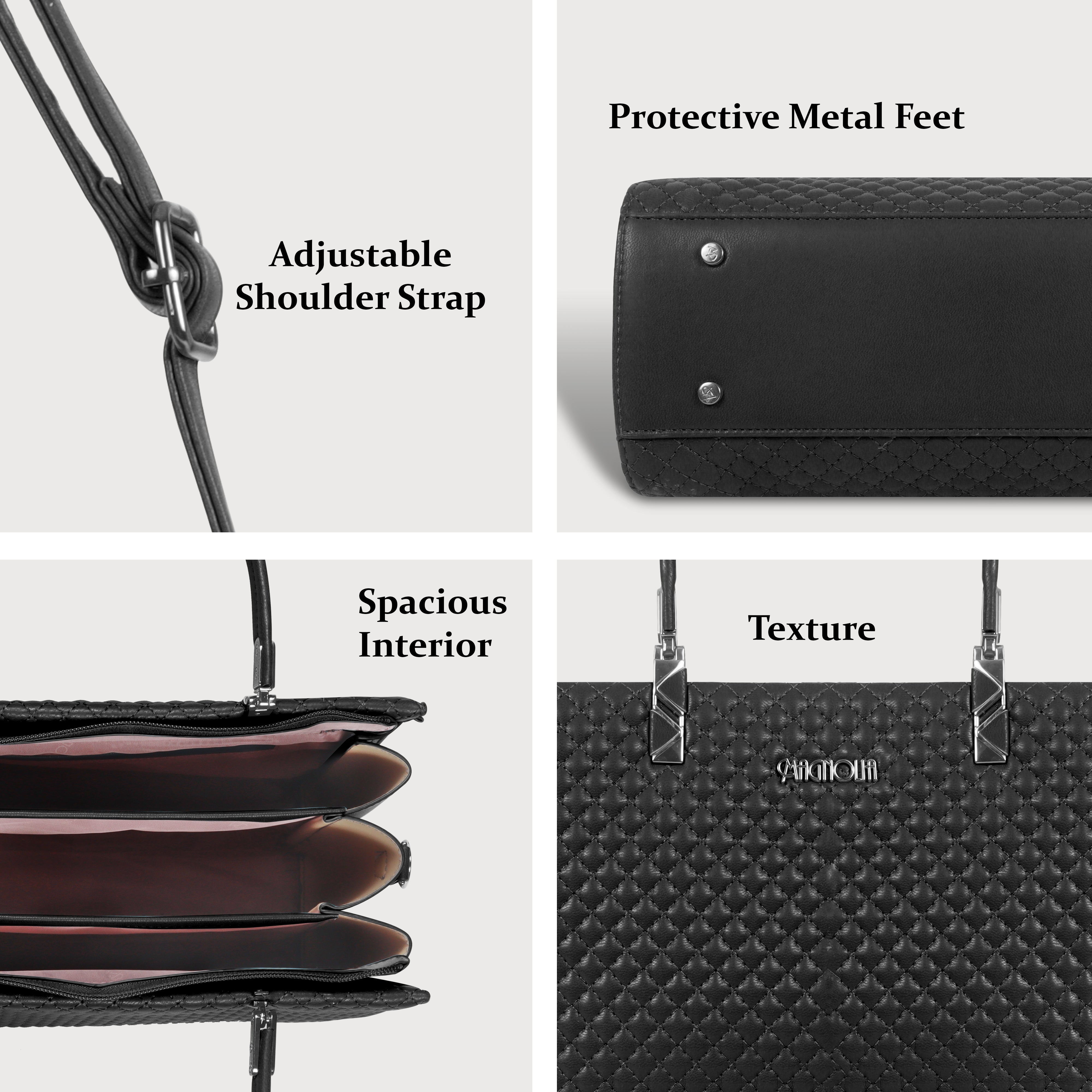 Magnolia Black Quilted Faux Leather Handbag for Women | 10.5L Stylish Everyday & Office Use Bag with Long Strap