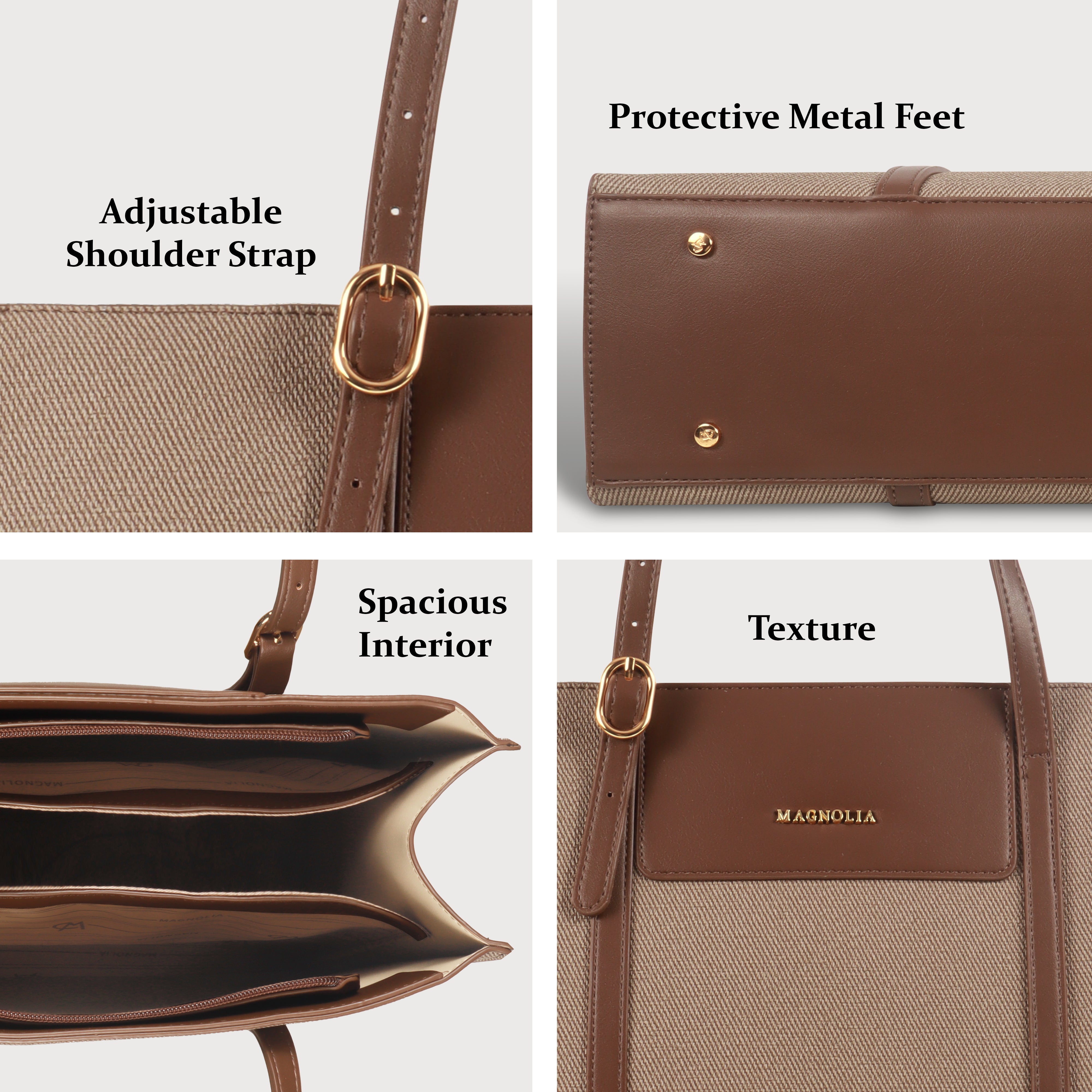 Magnolia Structured Coffee Tote Bag for Women | PU Leather & Fabric Combo | 12L Work & Everyday Handbag