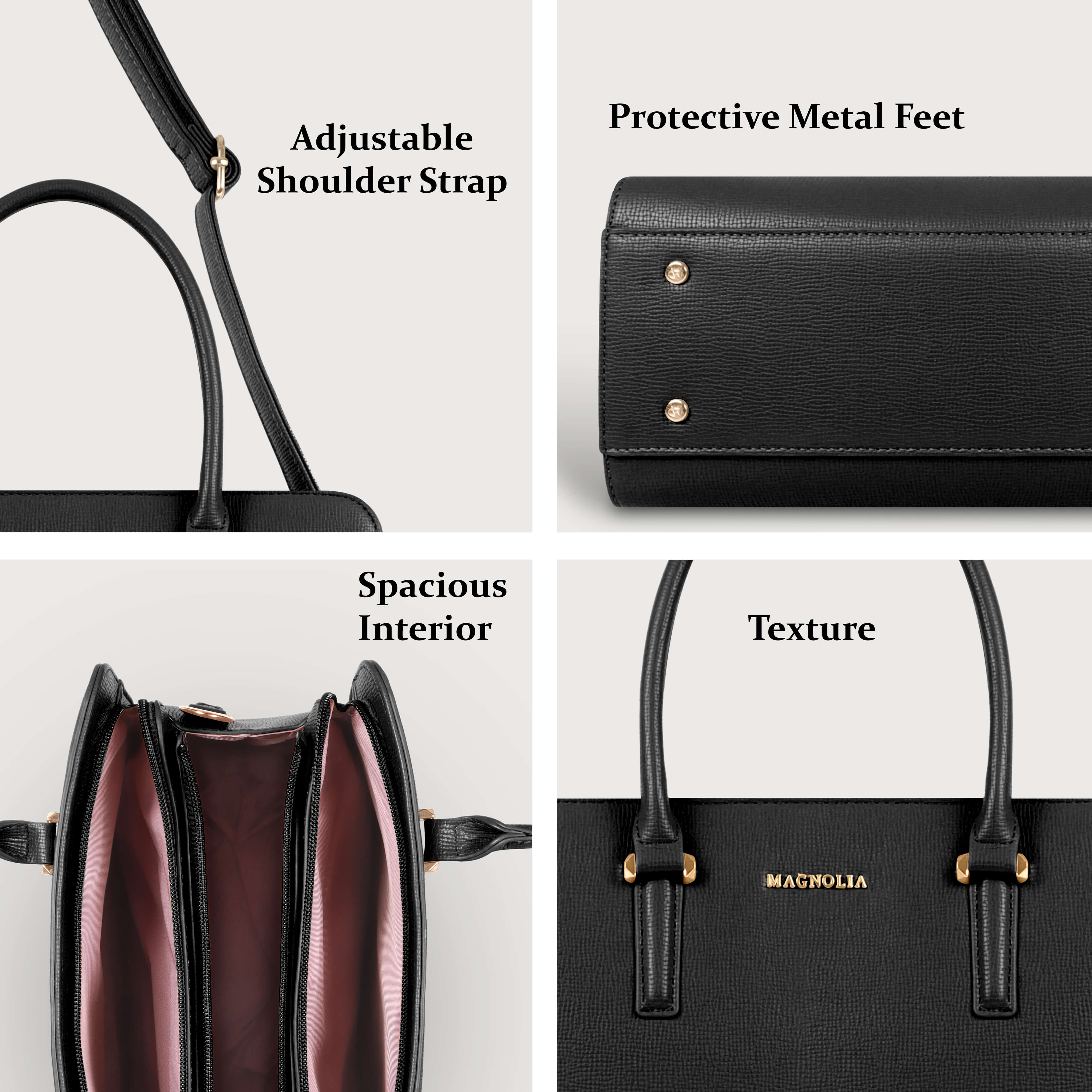 Magnolia® Prime Beige Carryall Vegan LeatherHandbag with Spacious Interior & Long Strap – Black