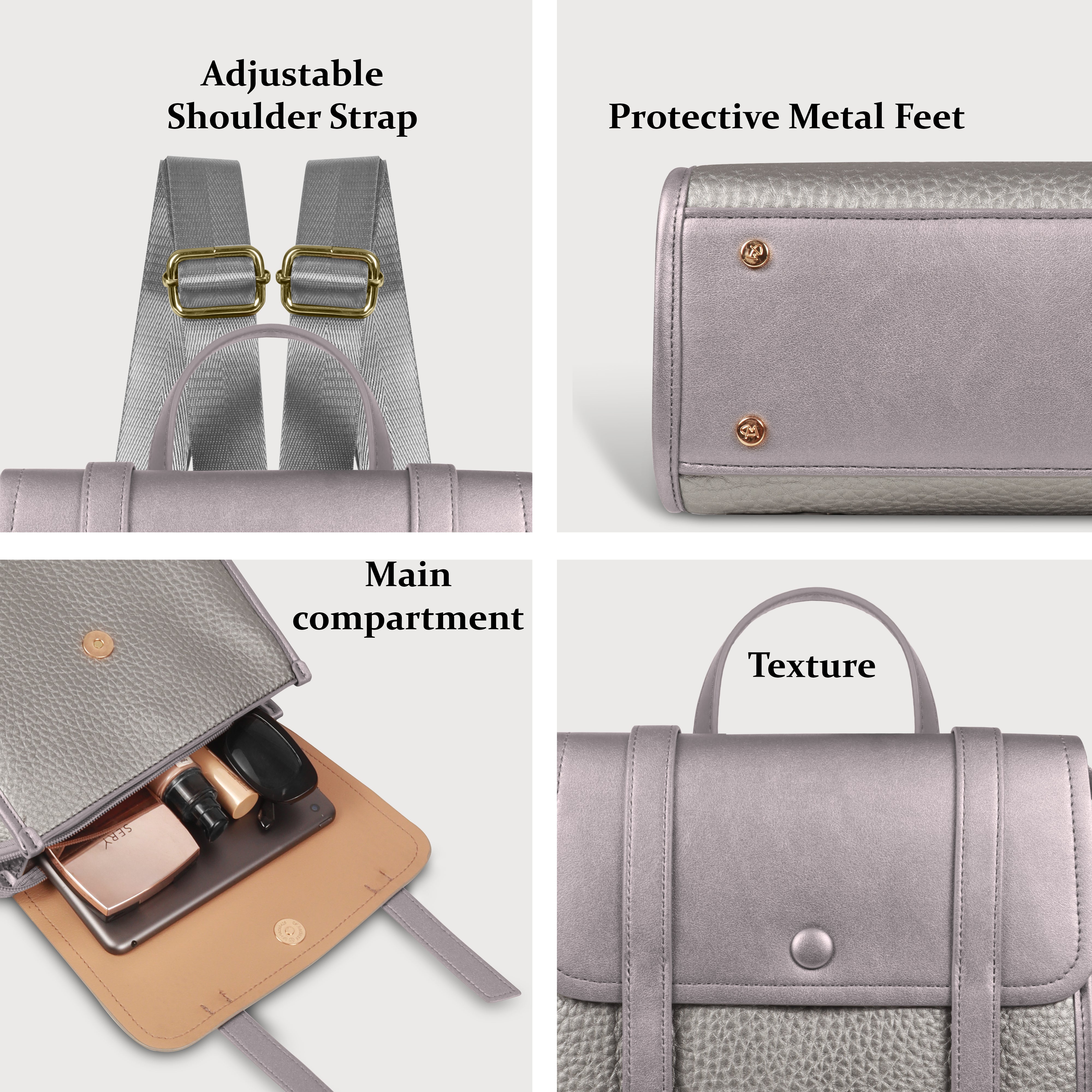 Magnolia Silver Vegan Leather Backpack for Women | 10.5L Stylish Casual Daypack with Long Strap