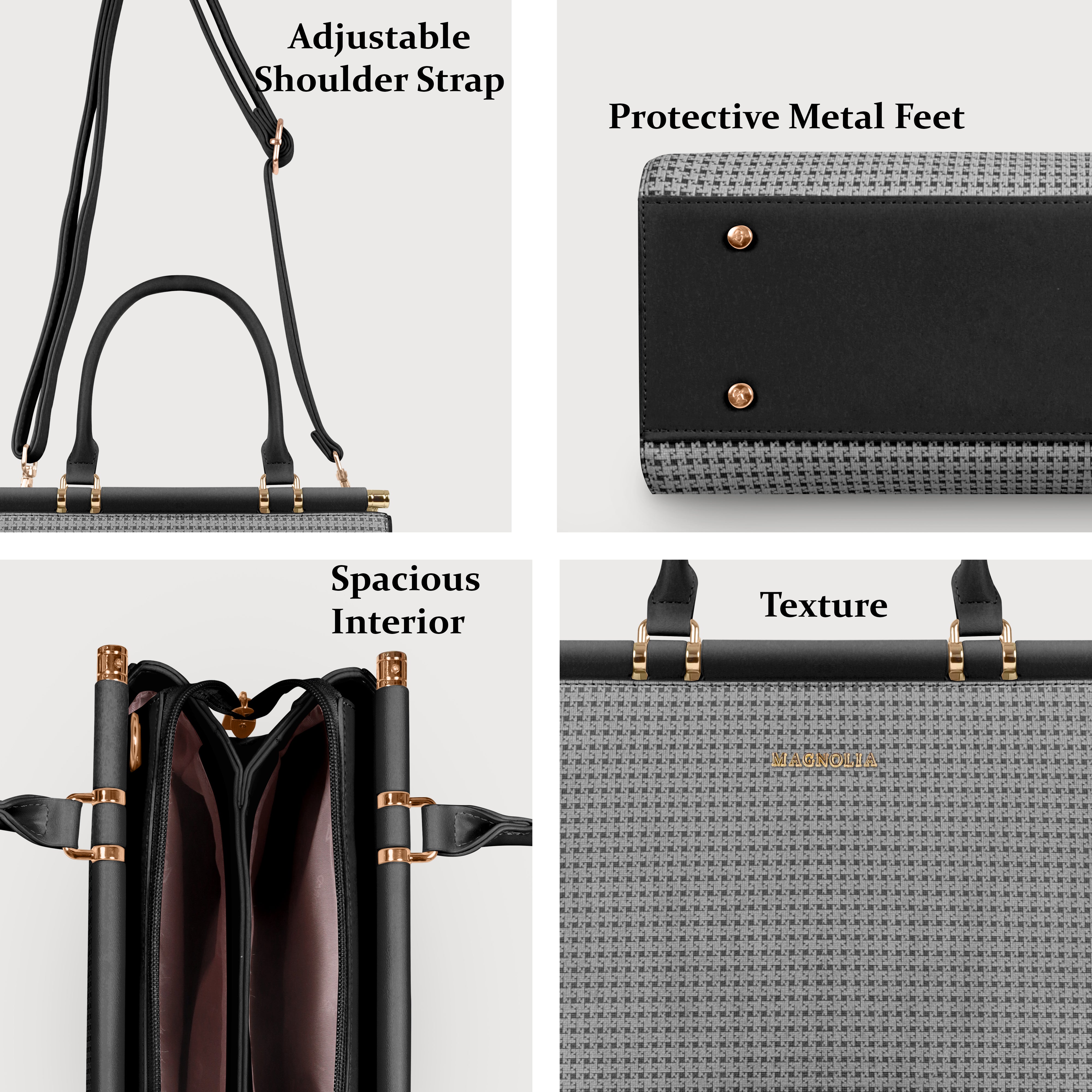 Magnolia Woven Texture Handbag | Black | 10L Storage | Adjustable Strap | Spacious Interior