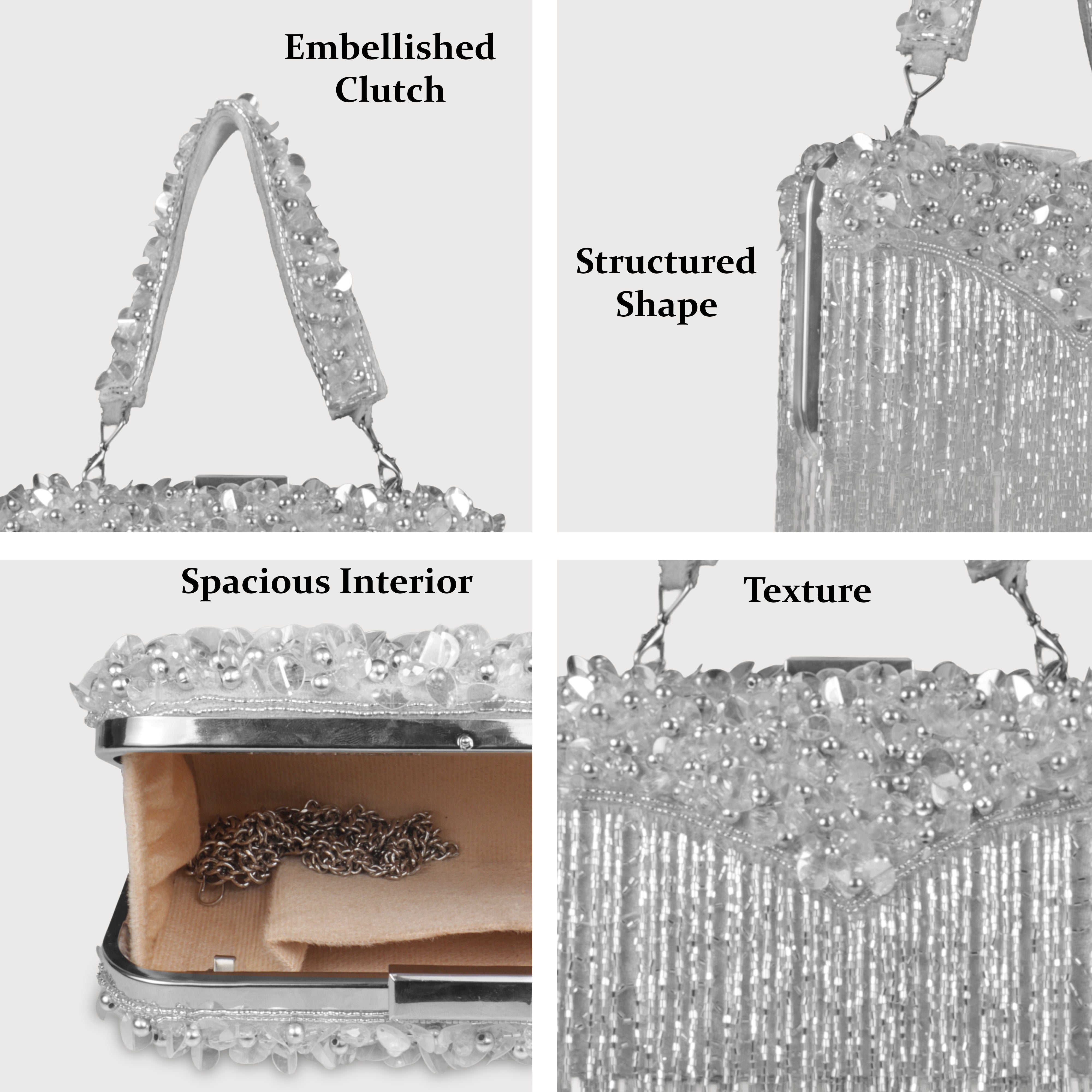 Magnolia-Luxe Silver Clutch with Embellished Fringe Detail