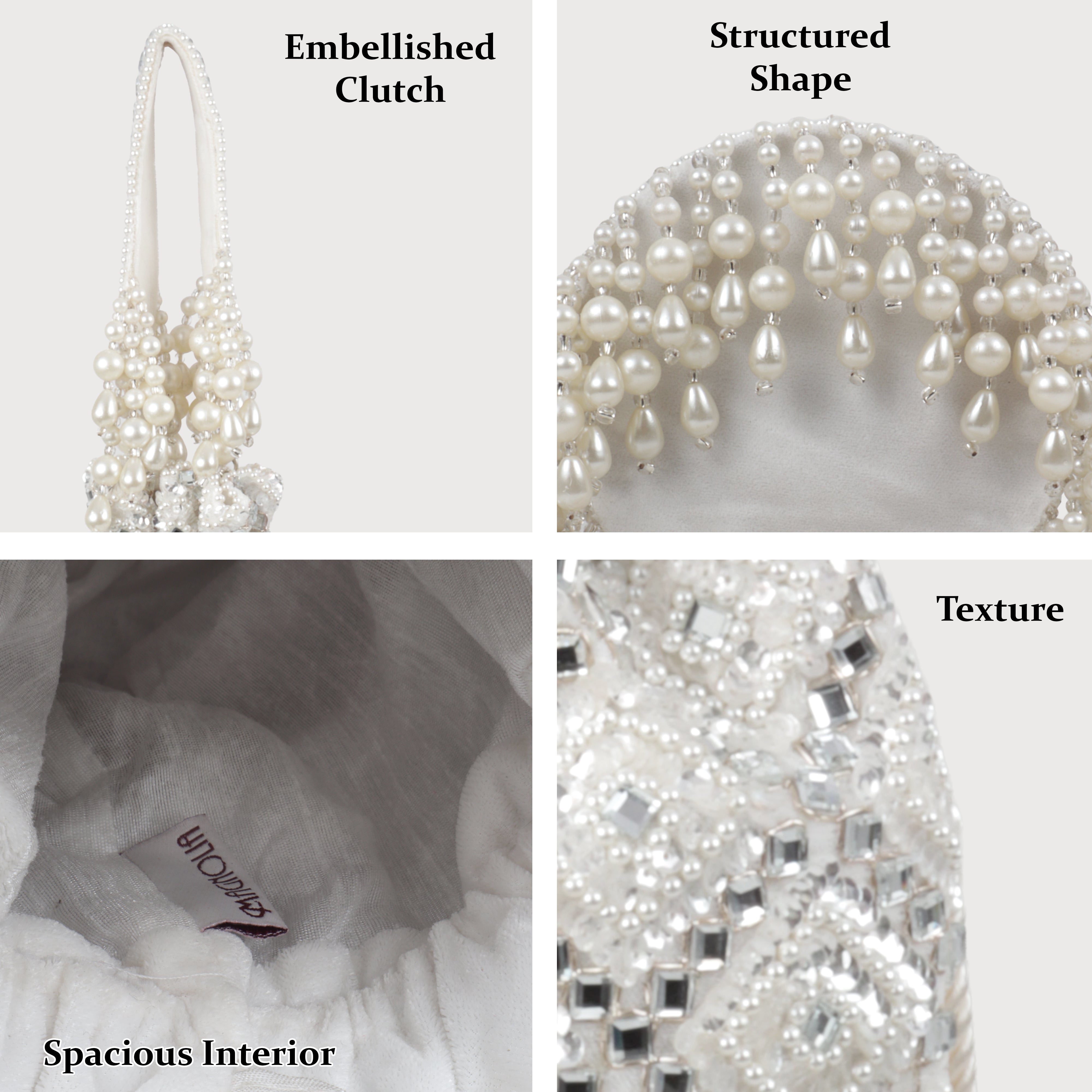 Magnolia Velvet Embroidered Potli Bag – White with Silver Embroidery & Pearl Detailing