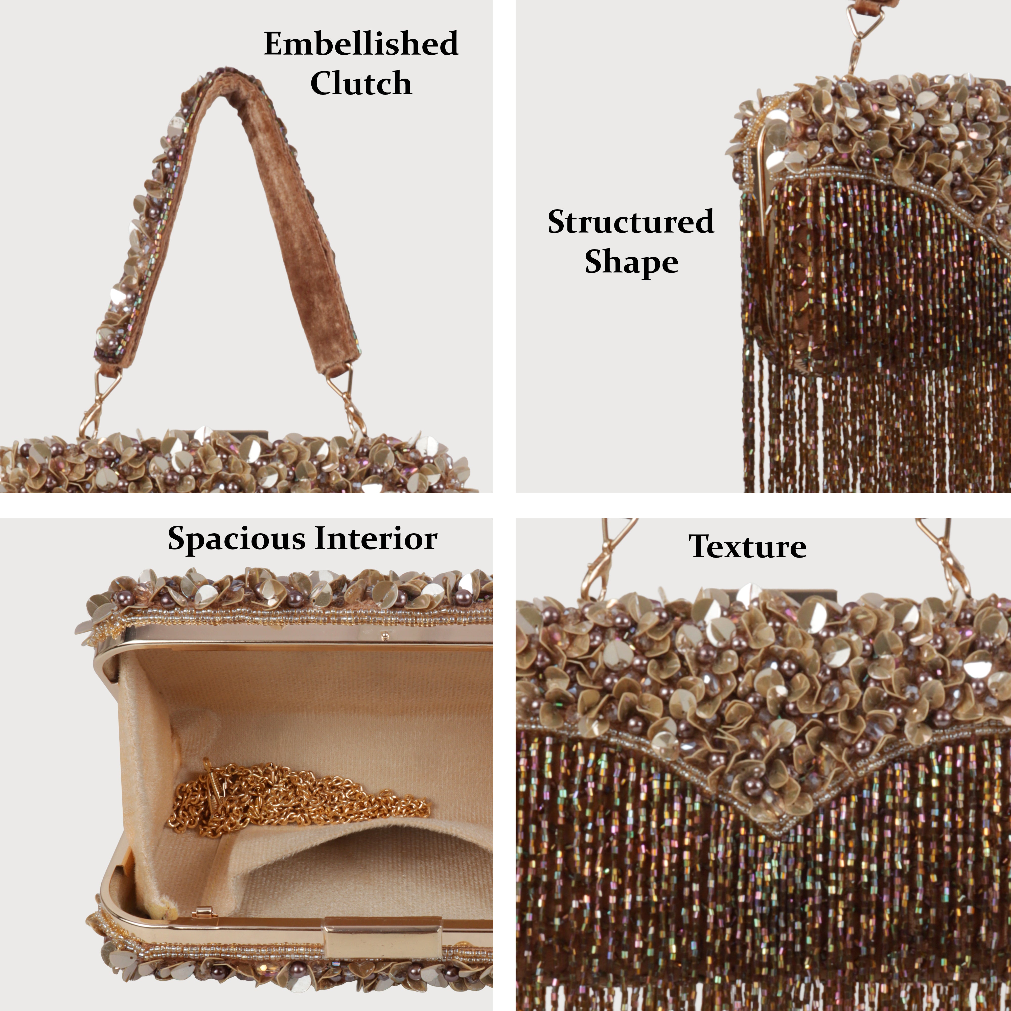 Magnolia-Luxe Brown Clutch with Embellished Fringe Detail